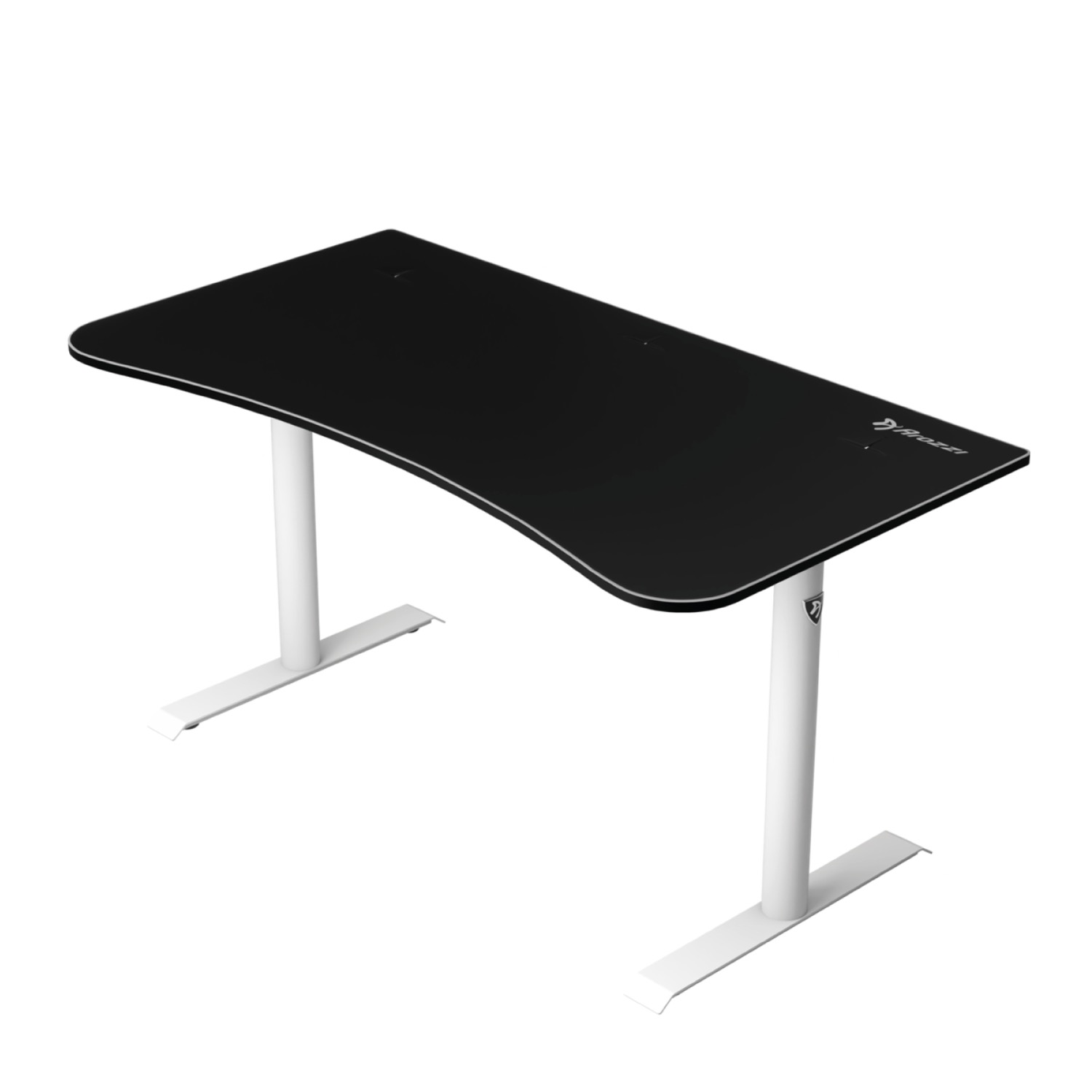 Una scrivania nera con gambe bianche e un design curvo.