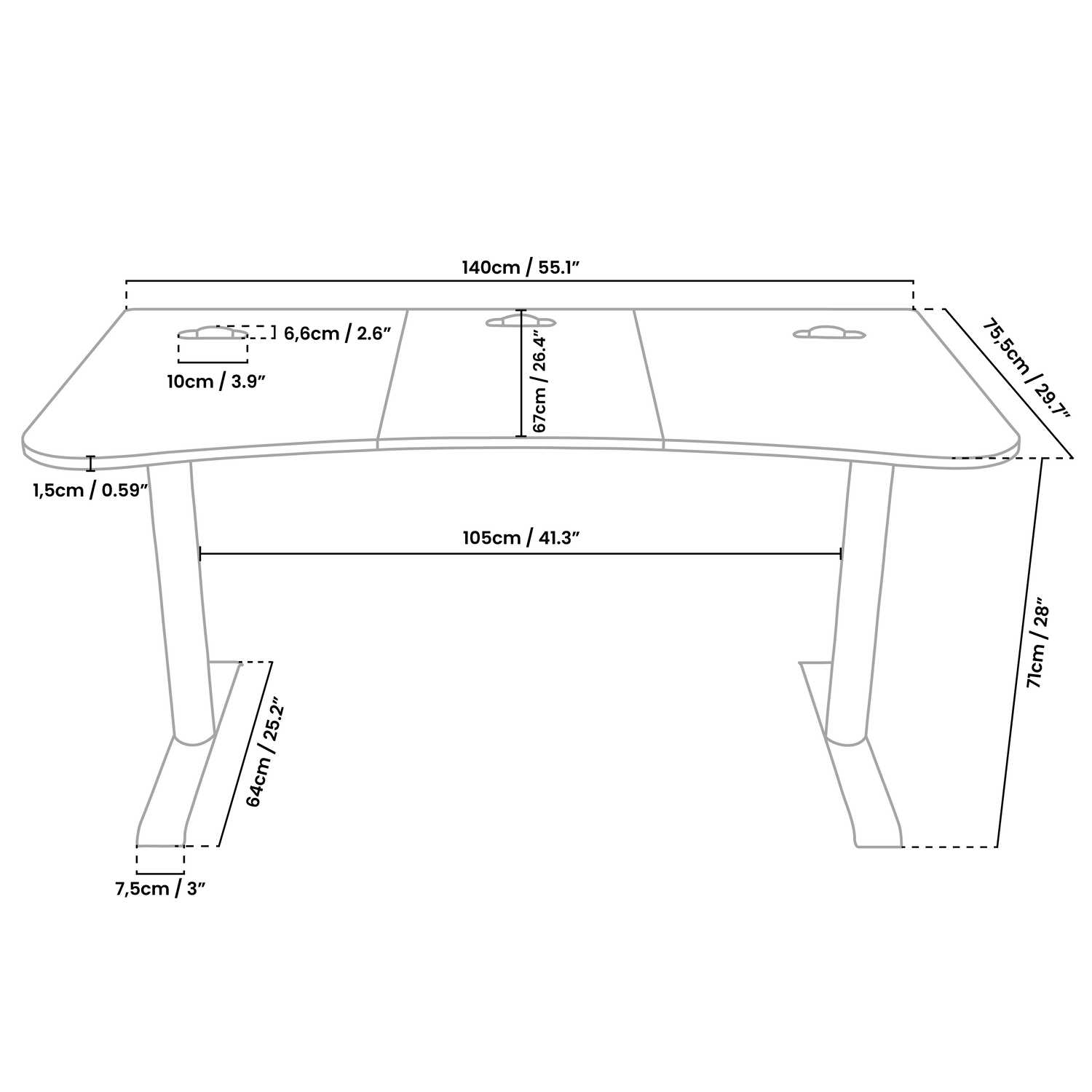 Disegno di una scrivania con dimensioni: 140cm di larghezza, 71cm di altezza, 75,5cm di profondità.