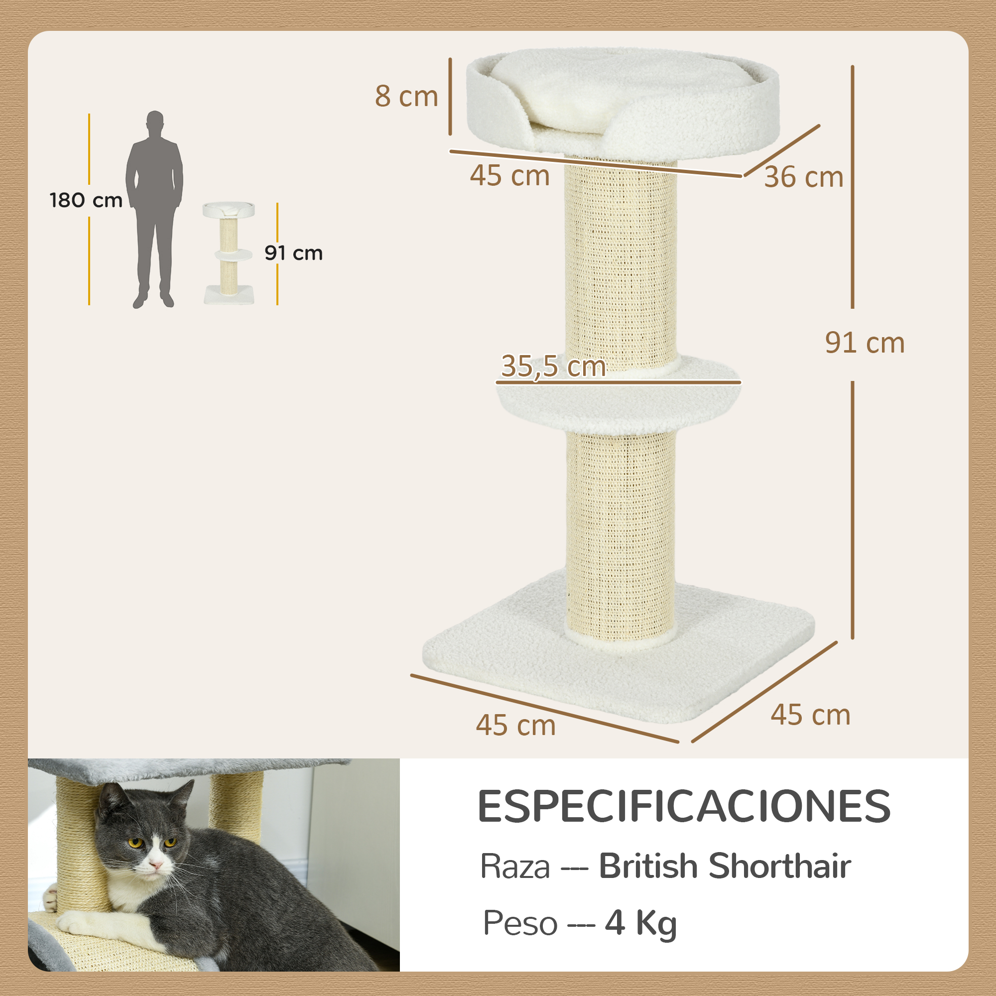 Un árbol rascador blanco con dimensiones y un hombre para comparar tamaño.