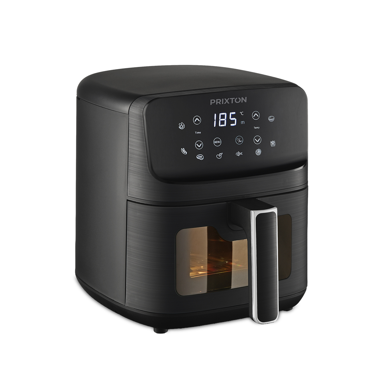 Een zwarte Prixton airfryer met digitaal display dat 185 graden Celsius aangeeft.