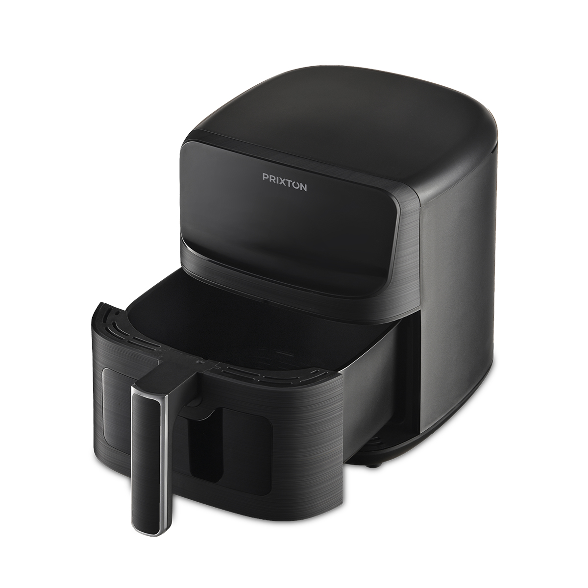 Zwarte Prixton airfryer met uittrekbare mand en handvat, op witte achtergrond.