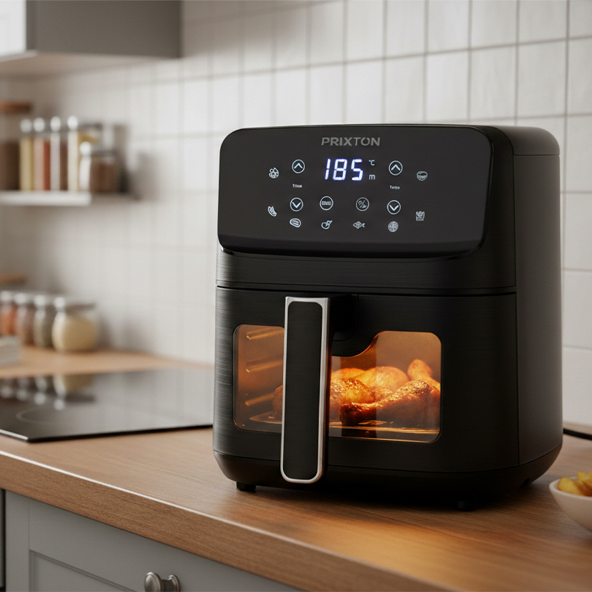 Een zwarte airfryer met kip erin, op een houten aanrecht.