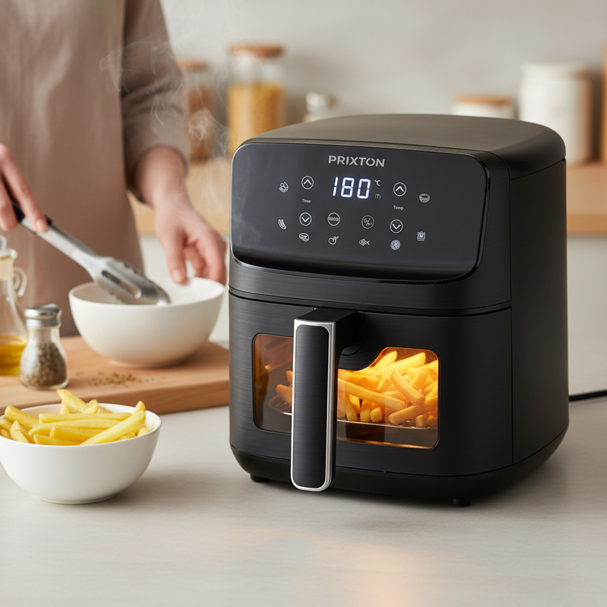 Een zwarte heteluchtfriteuse met frietjes die erin koken en een digitaal display.