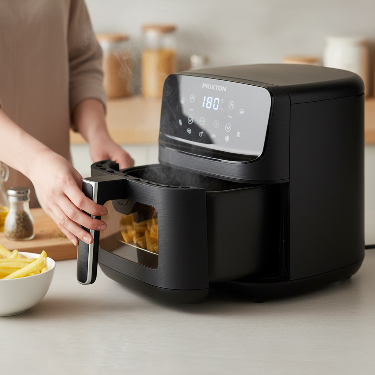 Een zwarte airfryer met open lade, stoom komt eruit.