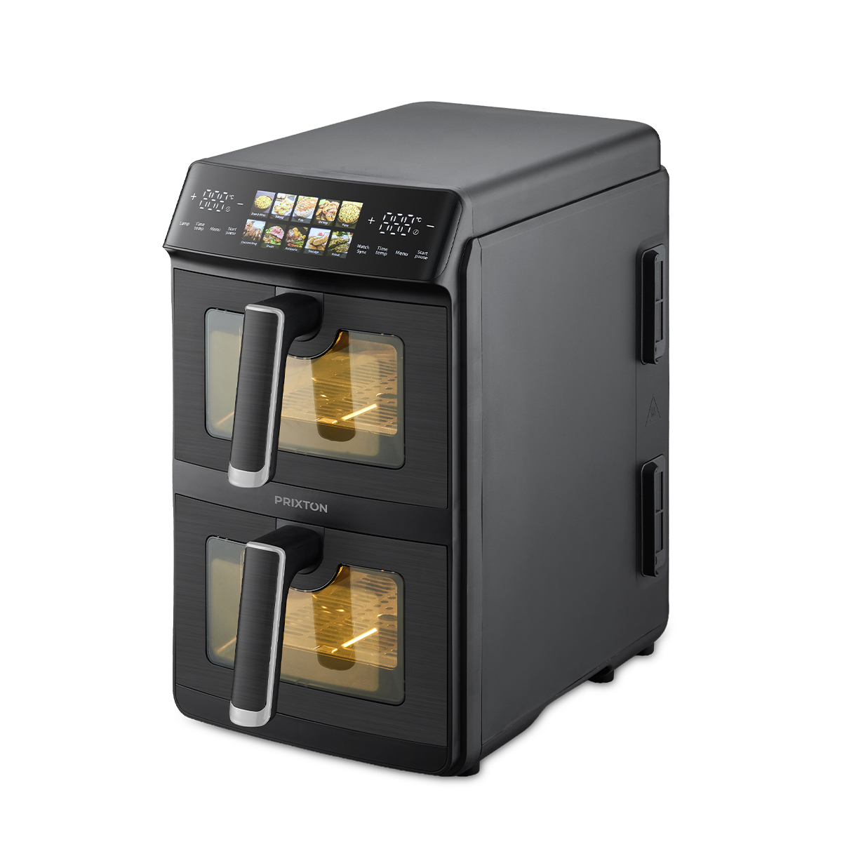 Black dual-chamber air fryer with touchscreen controls and viewing windows.