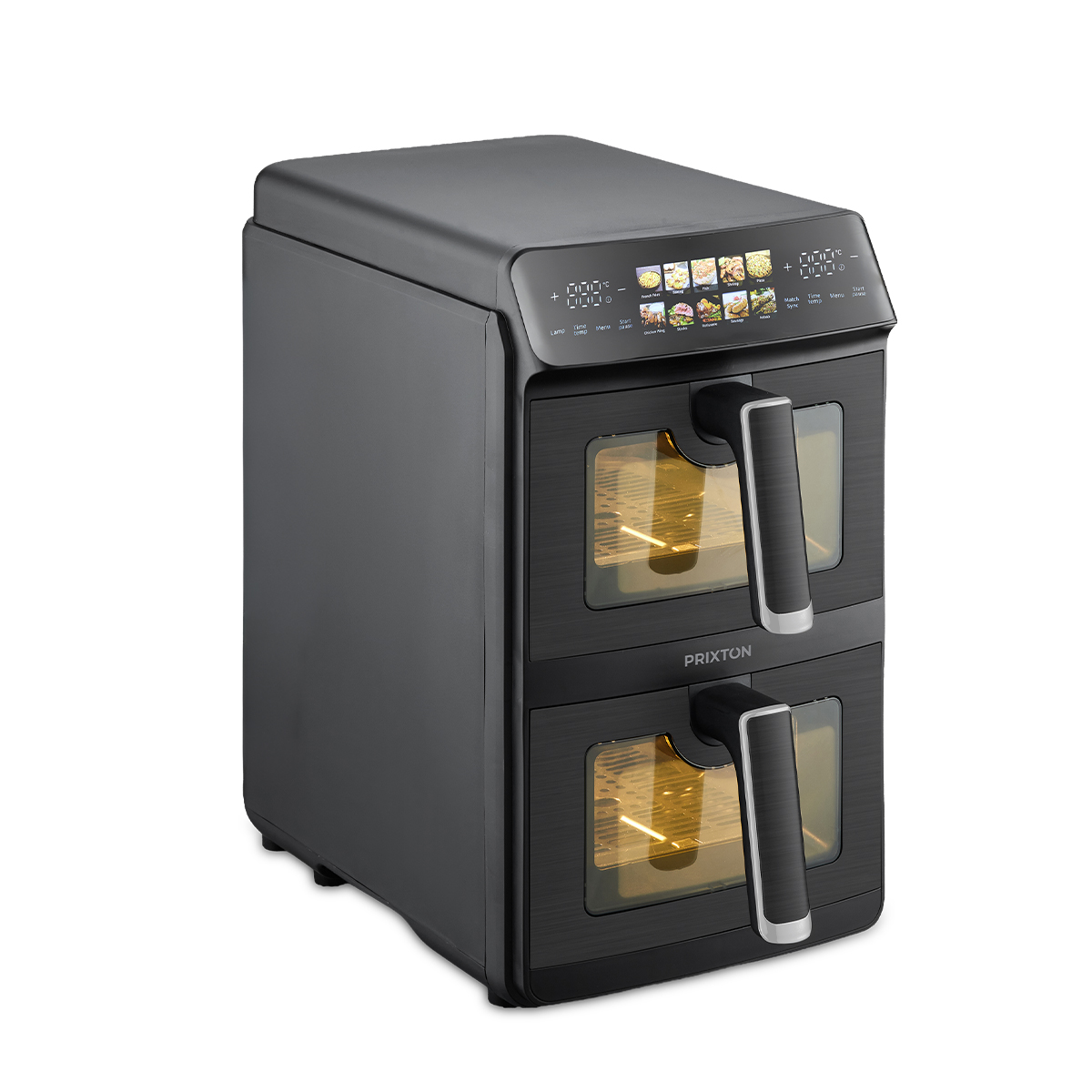Black double-chamber air fryer with digital controls and viewing windows.