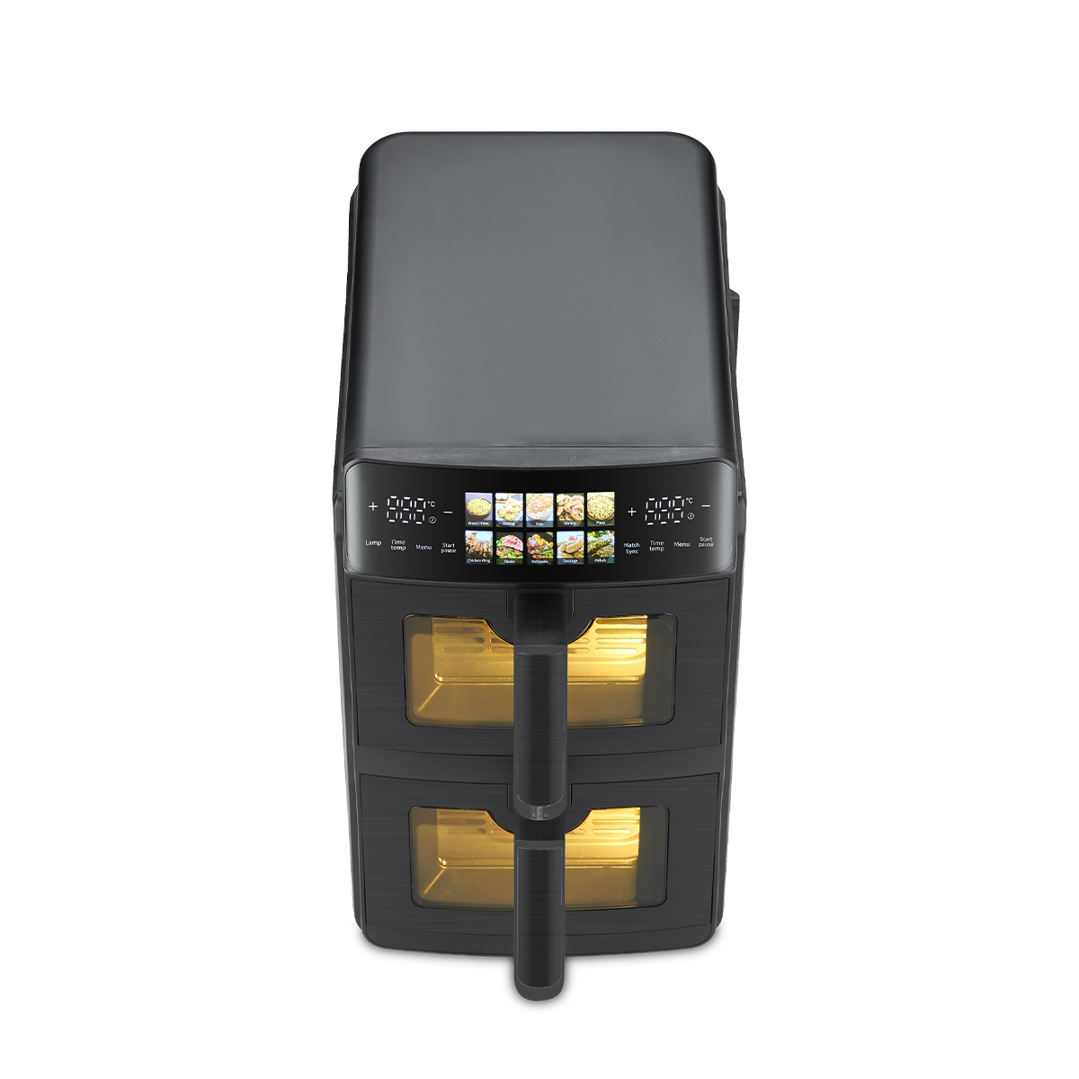 A black double air fryer with digital controls and two cooking compartments.