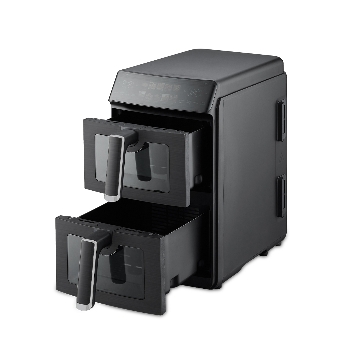 Black air fryer with two drawers, digital controls, and viewing windows.