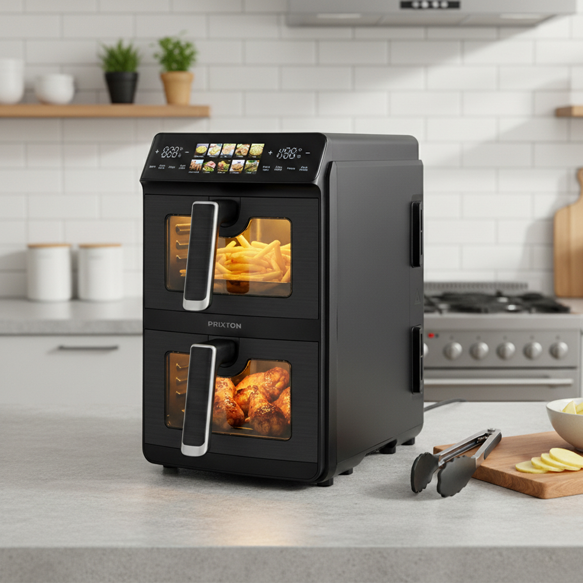 Black double-basket air fryer with fries in top, chicken in bottom. Kitchen scene.