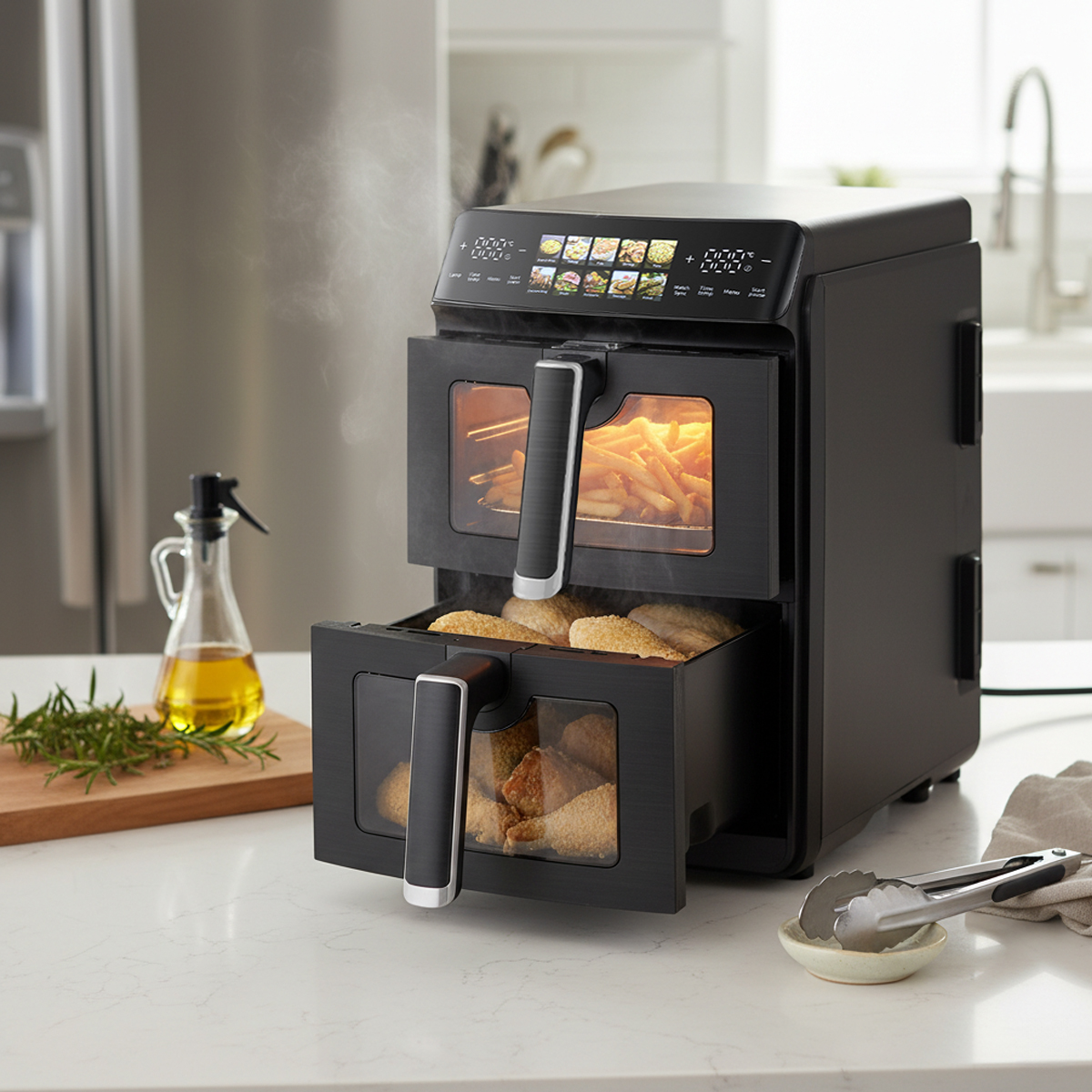 A black air fryer with two drawers, filled with french fries and breaded food.