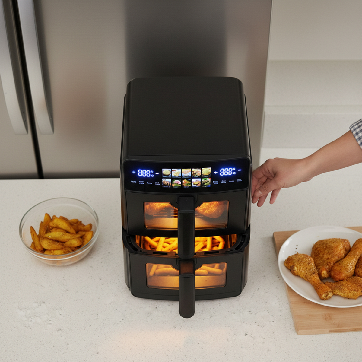A black double-basket air fryer with fries and chicken legs on the counter.