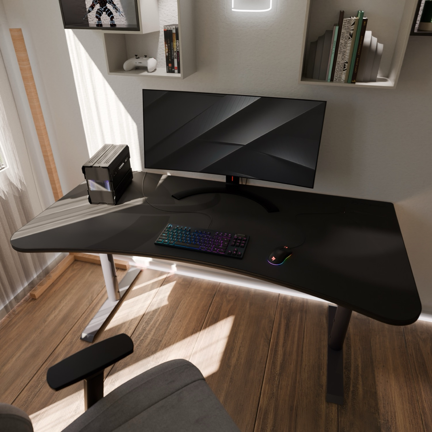 Una scrivania da gaming con monitor, tastiera, mouse e PC. Una sedia è davanti.