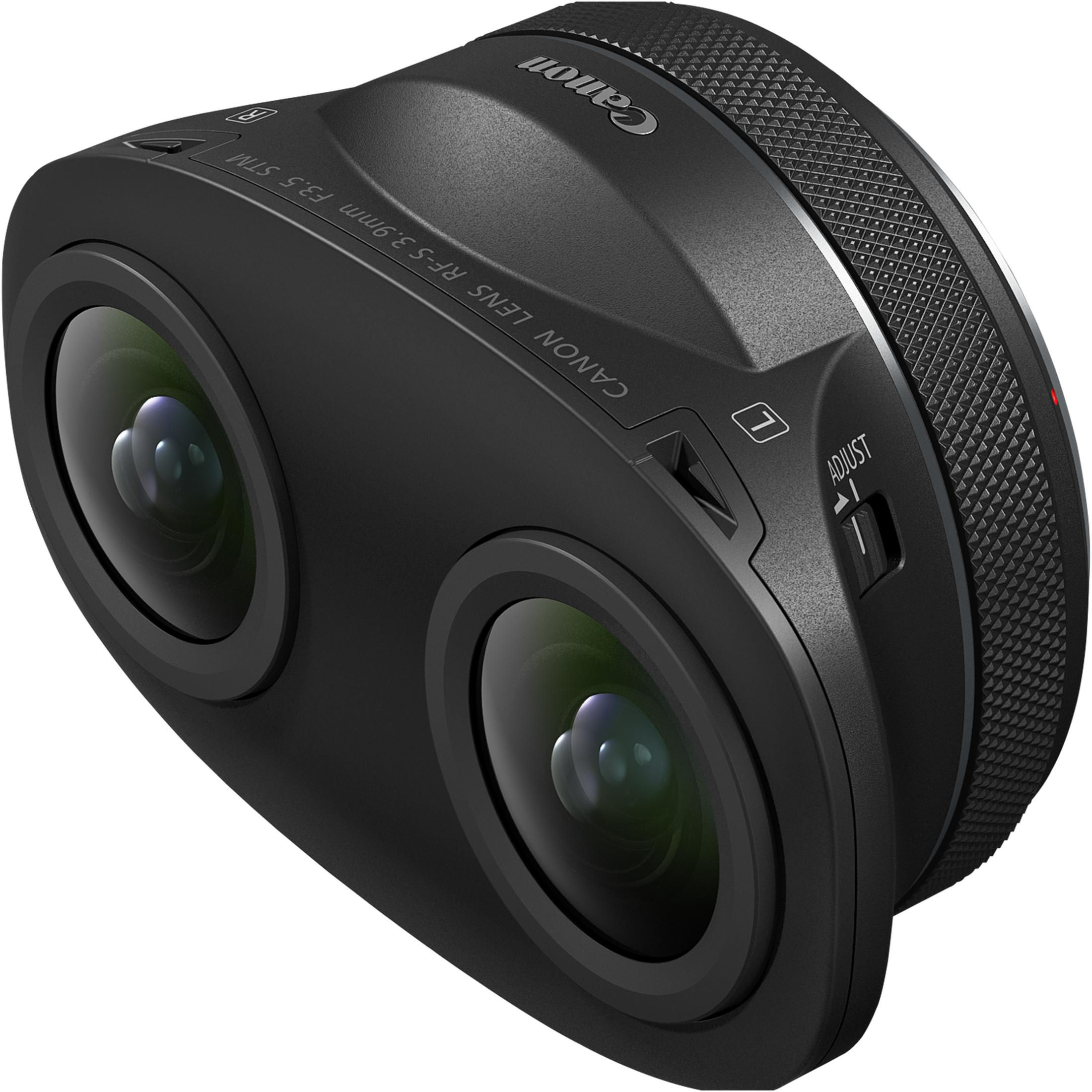 Obiettivo fisheye Canon nero con due lenti e ghiera di regolazione.