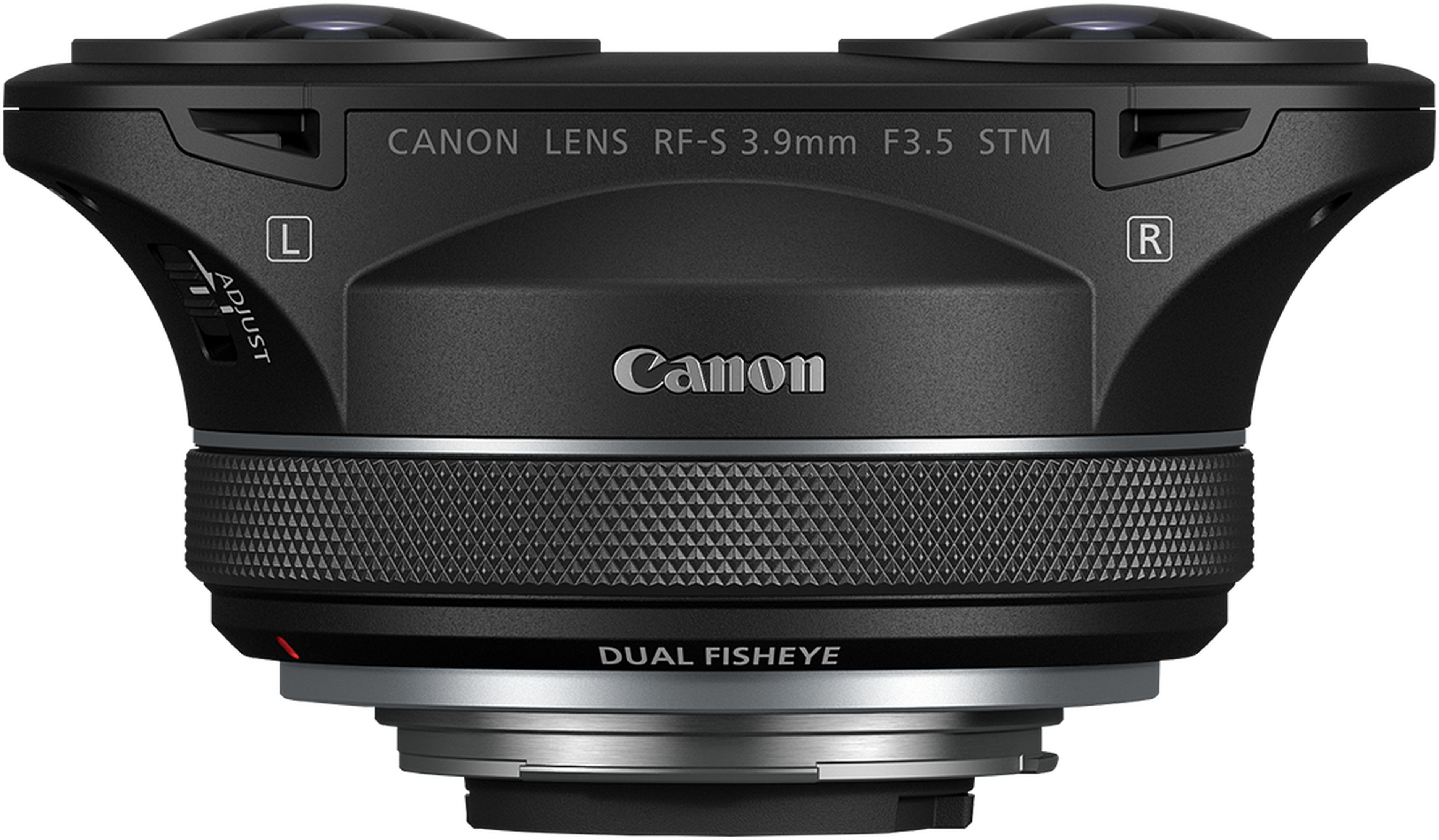Obiettivo fisheye duale Canon RF-S 3,9 mm F3,5 STM nero con impugnatura testurizzata.