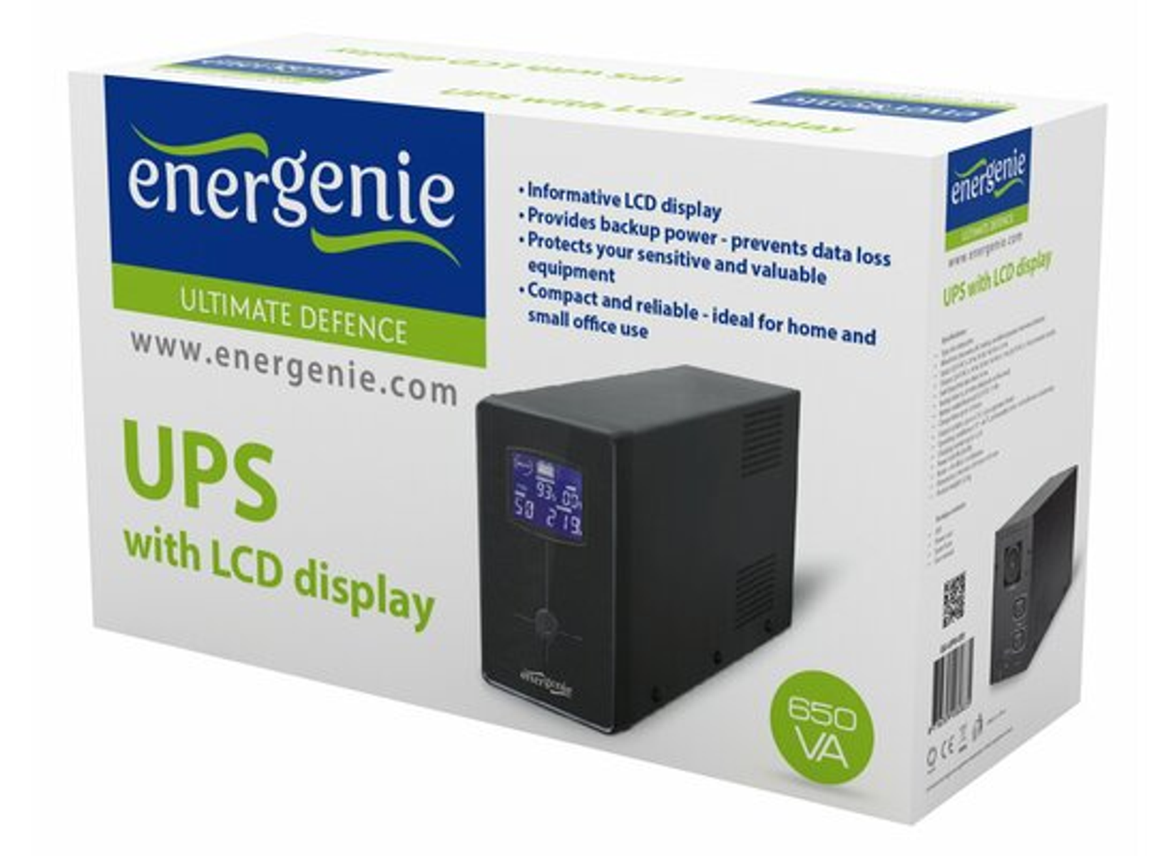 Opakowanie czarnego zasilacza UPS Energenie z wyświetlaczem LCD, 650 VA.