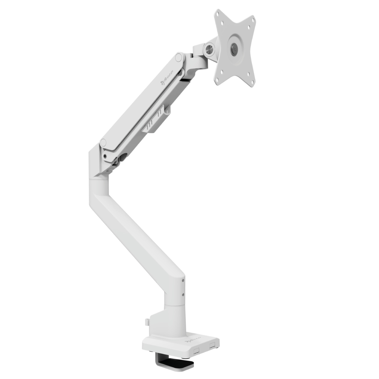 A white monitor arm with a clamp base on a white background.