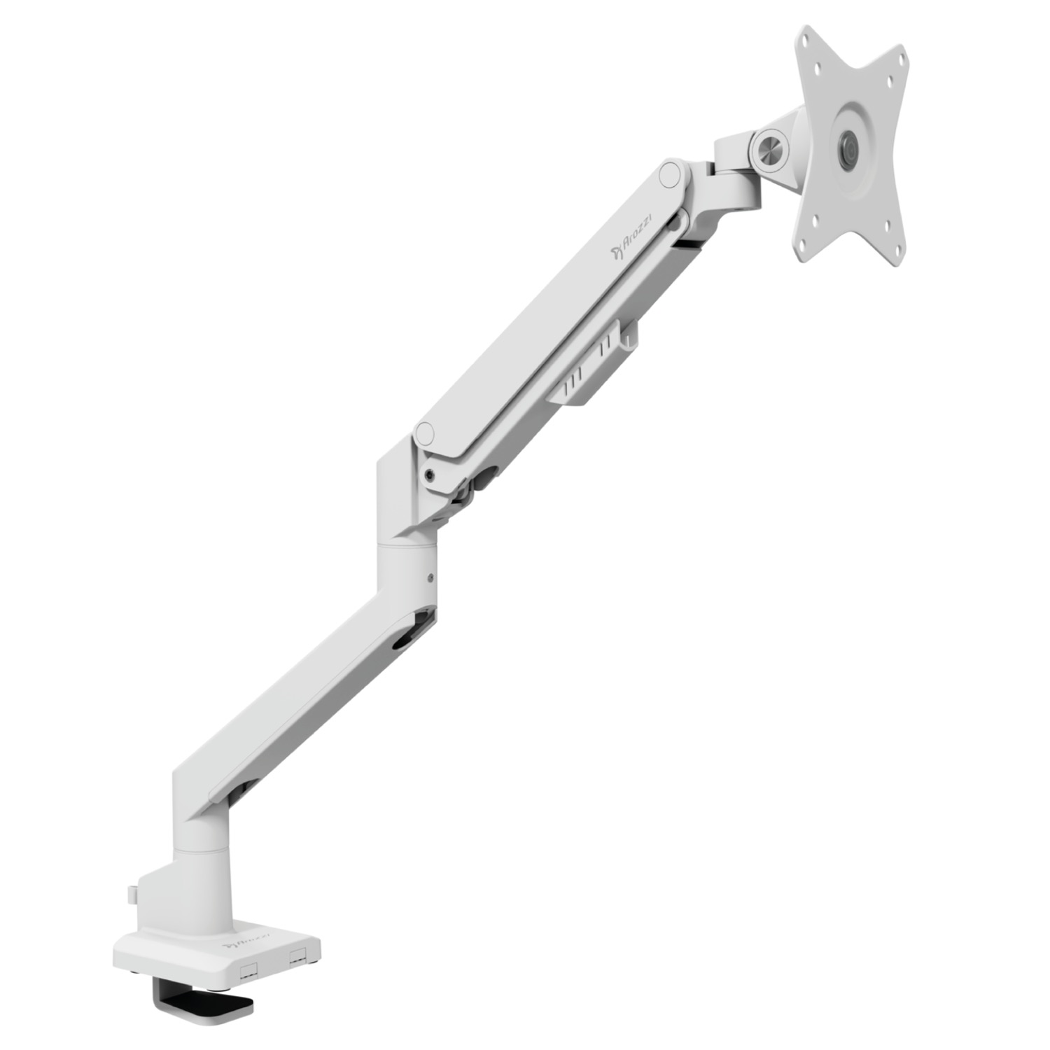 A white monitor arm with a clamp base and VESA mount.