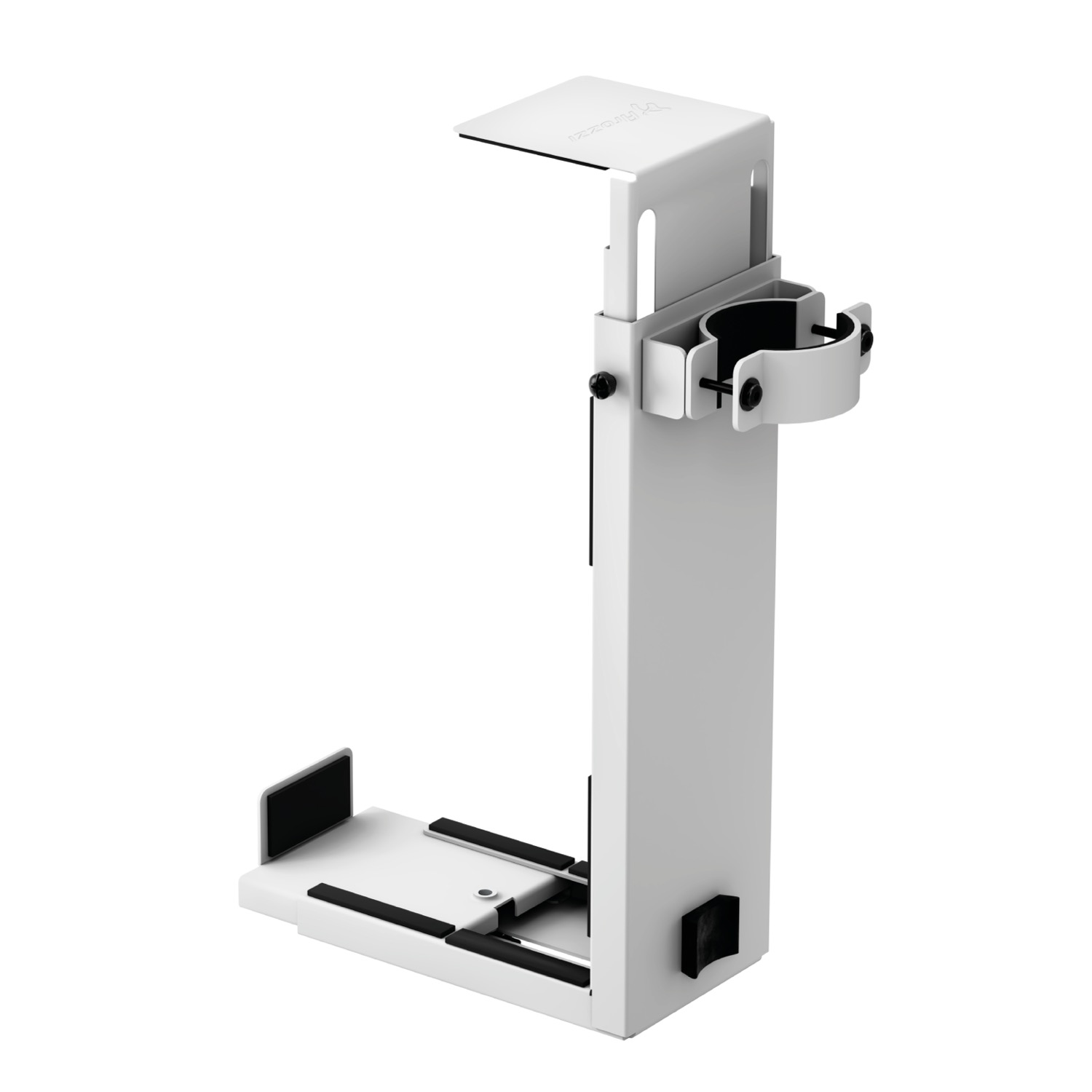 Een witte metalen standaard met een bekerhouder en een platform voor een computer.