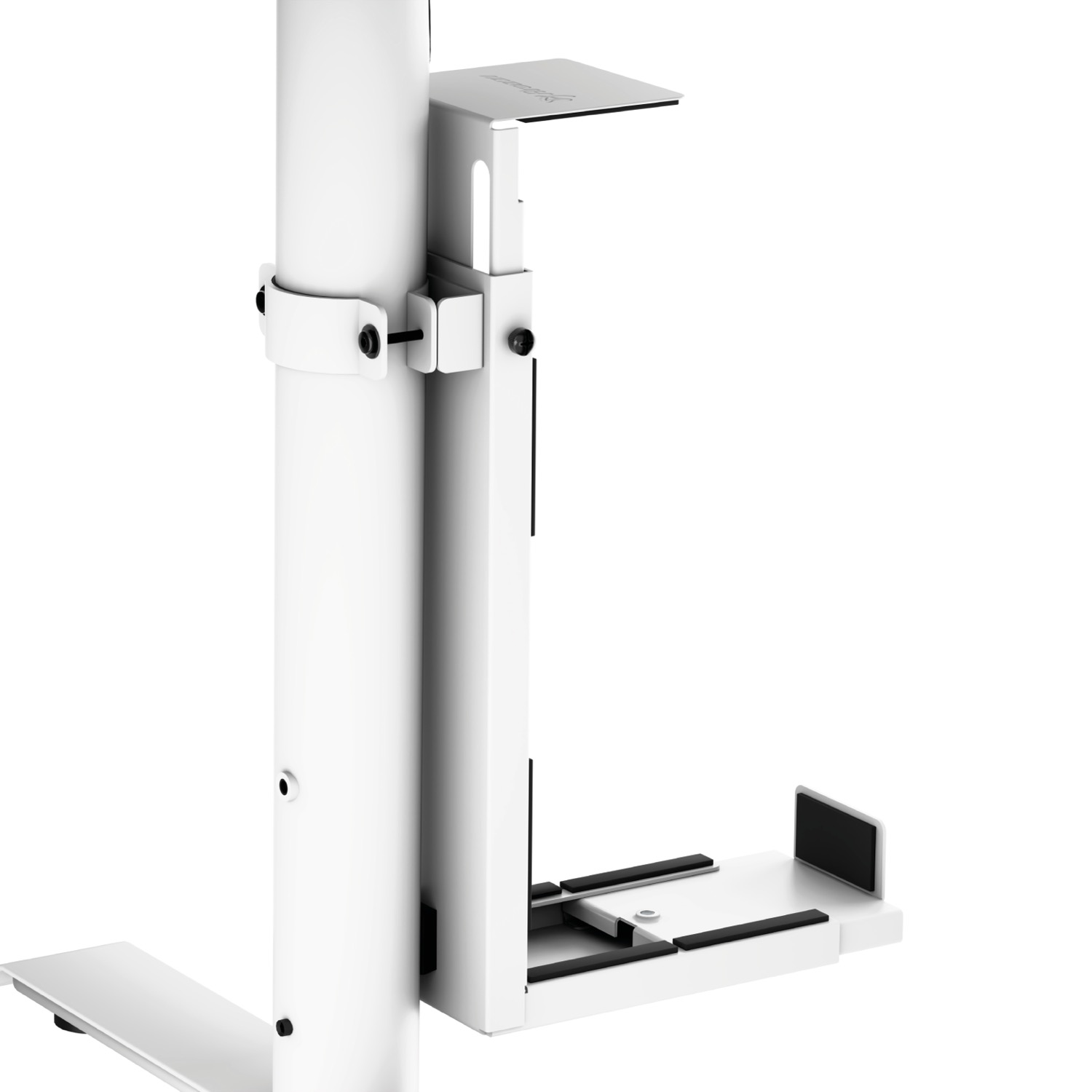 Een witte computer toren houder bevestigd aan een paal.