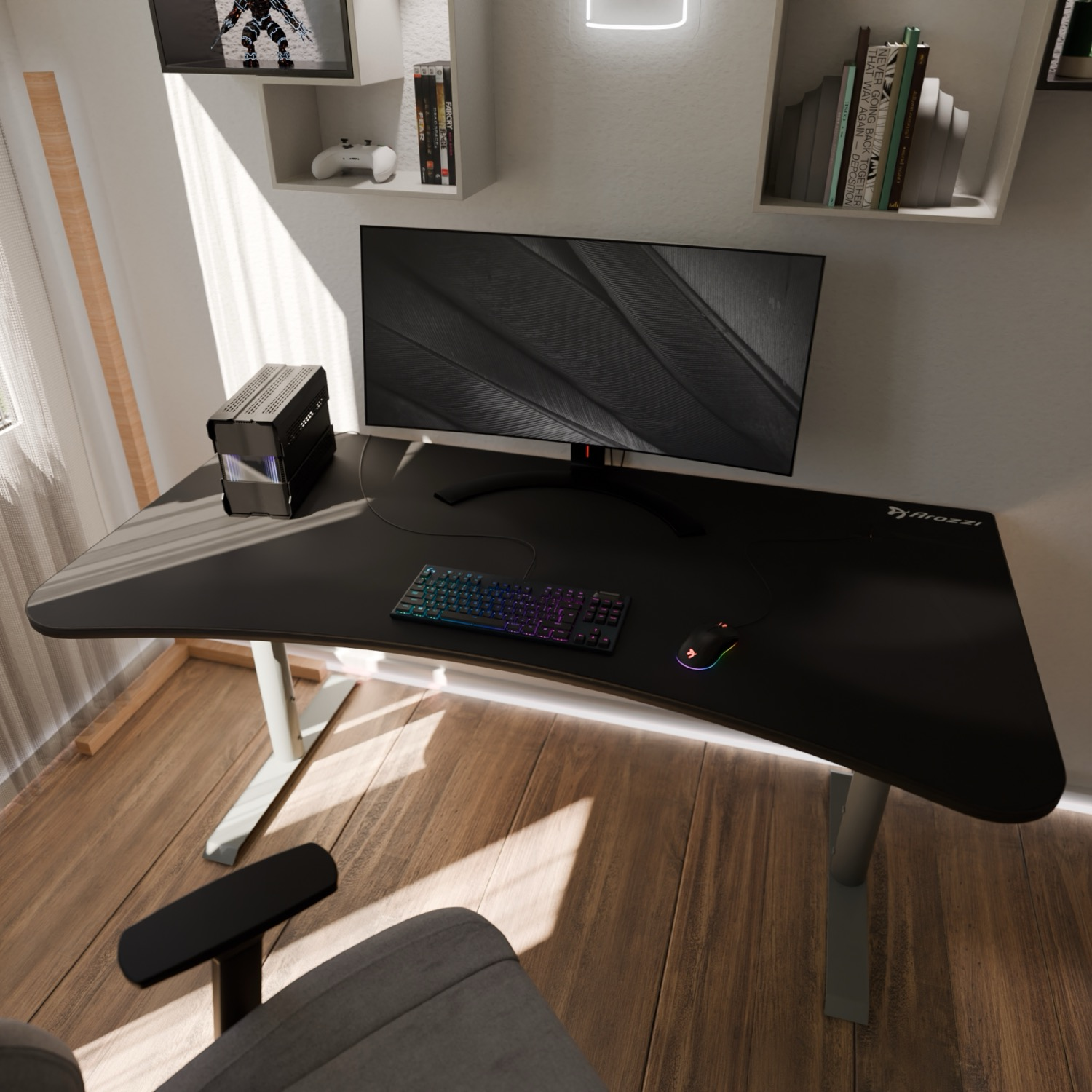 Una scrivania da gaming con monitor, tastiera, mouse e case del computer.