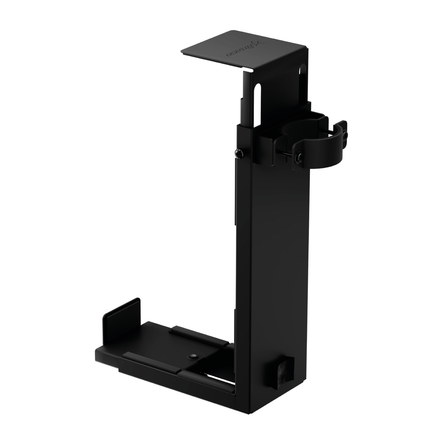 Een zwarte metalen standaard met een houder voor een fles of kabel.