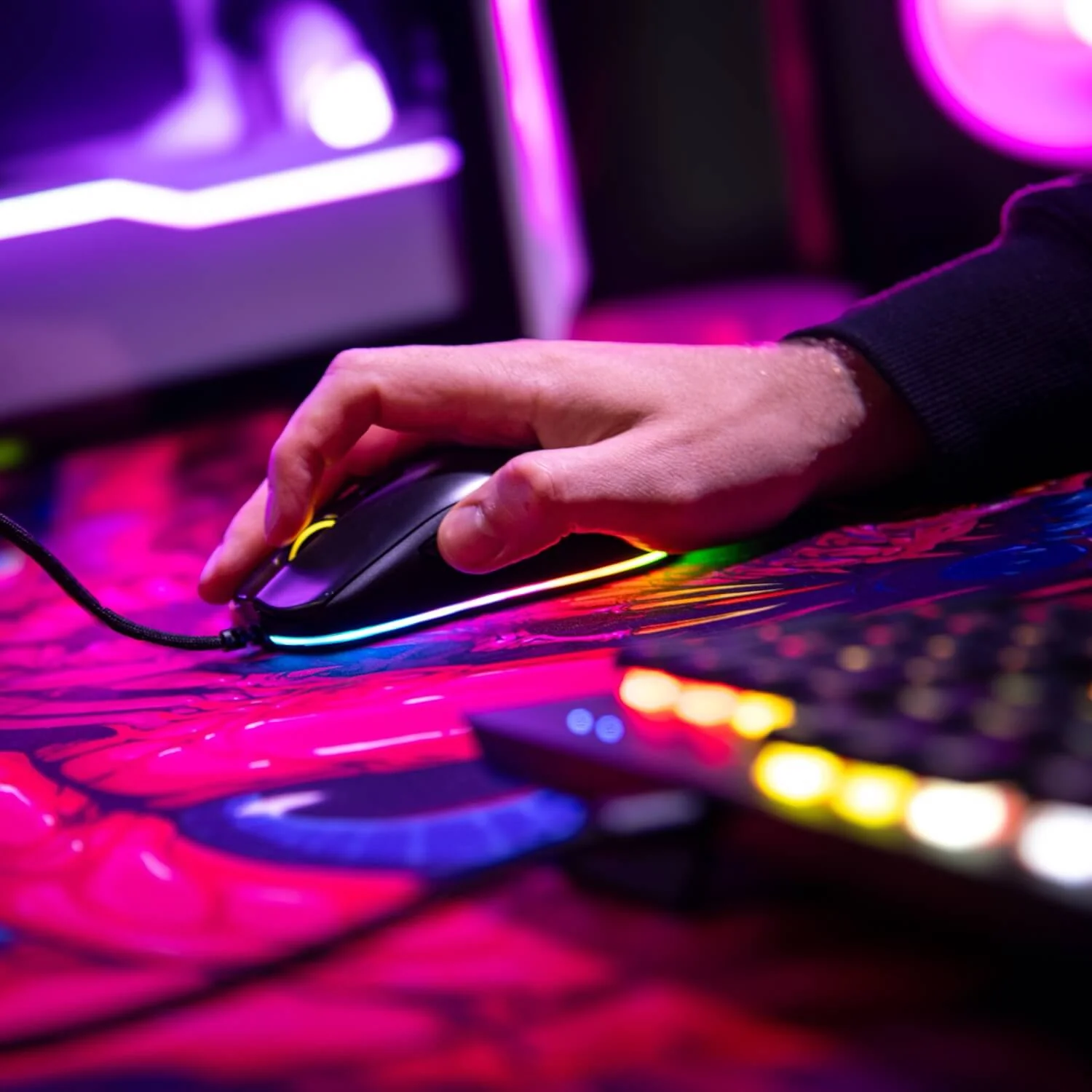 Een hand gebruikt een verlichte muis op een kleurrijke gaming muismat.