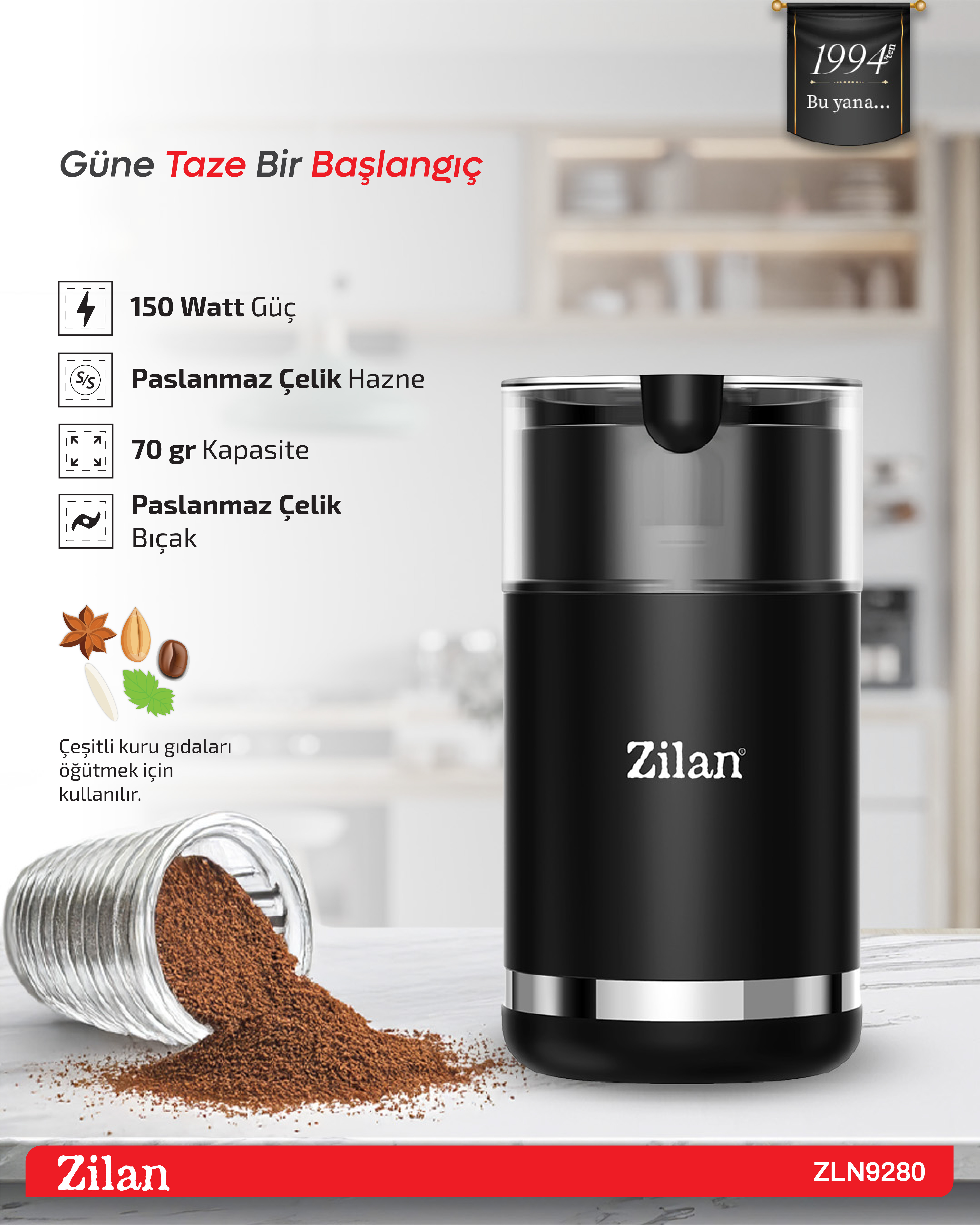 Paslanmaz çelik haznesi ve dökülmüş öğütülmüş kahvesiyle siyah Zilan kahve ve baharat öğütücü.