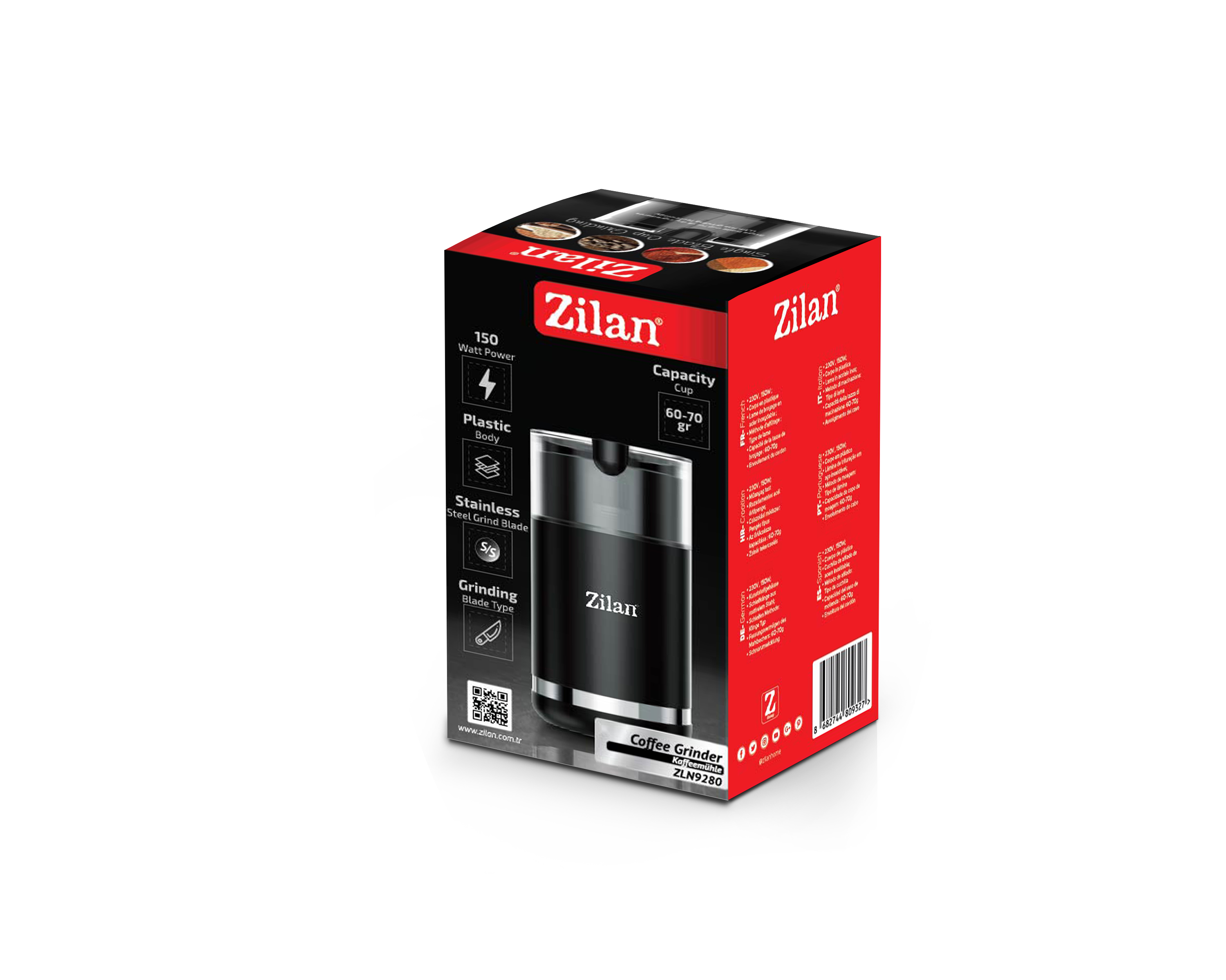 Zilan kahve öğütücü kutusu: 150W, plastik gövde, çelik bıçak, 60-70g kapasite.