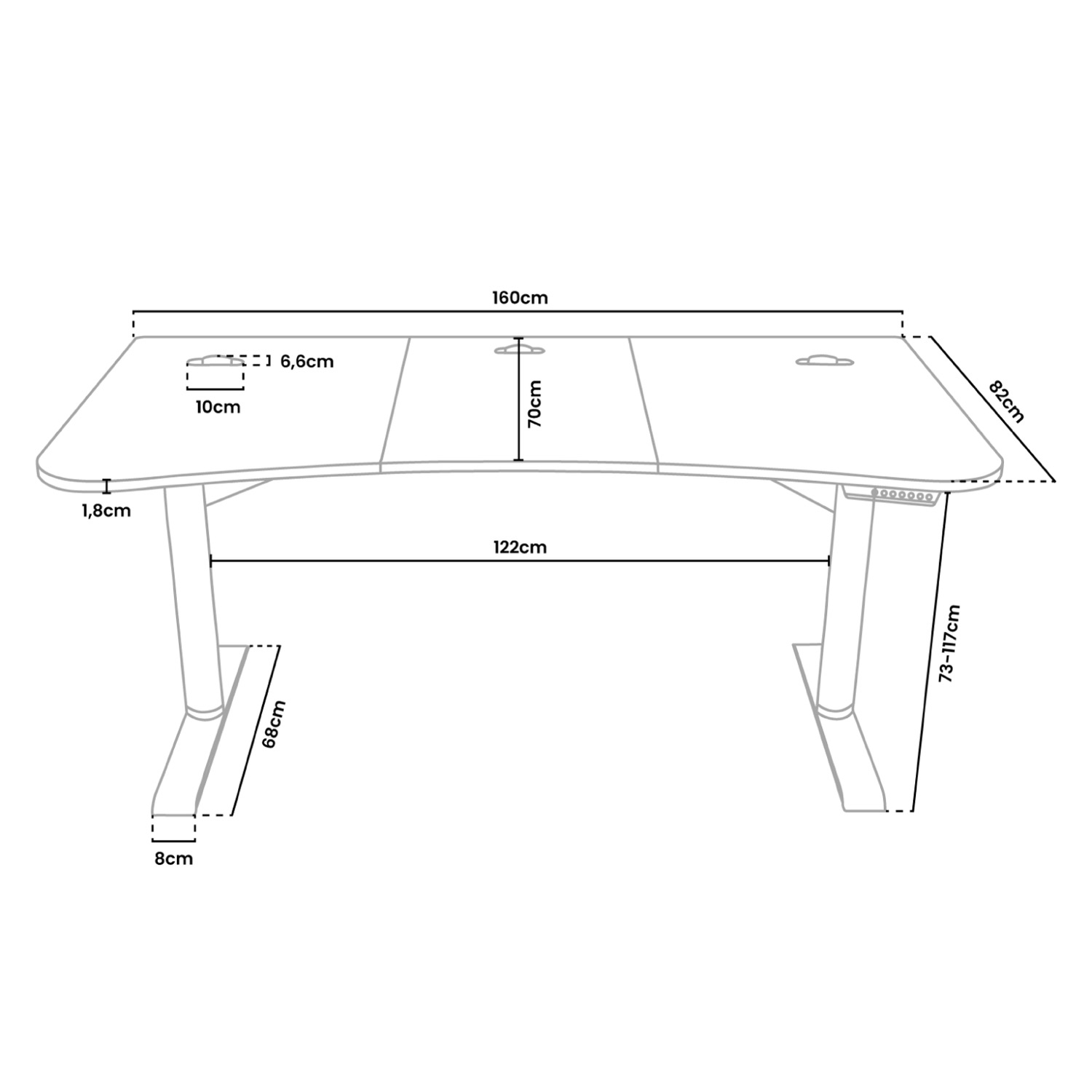 Technische tekening van een in hoogte verstelbaar bureau met afmetingen.