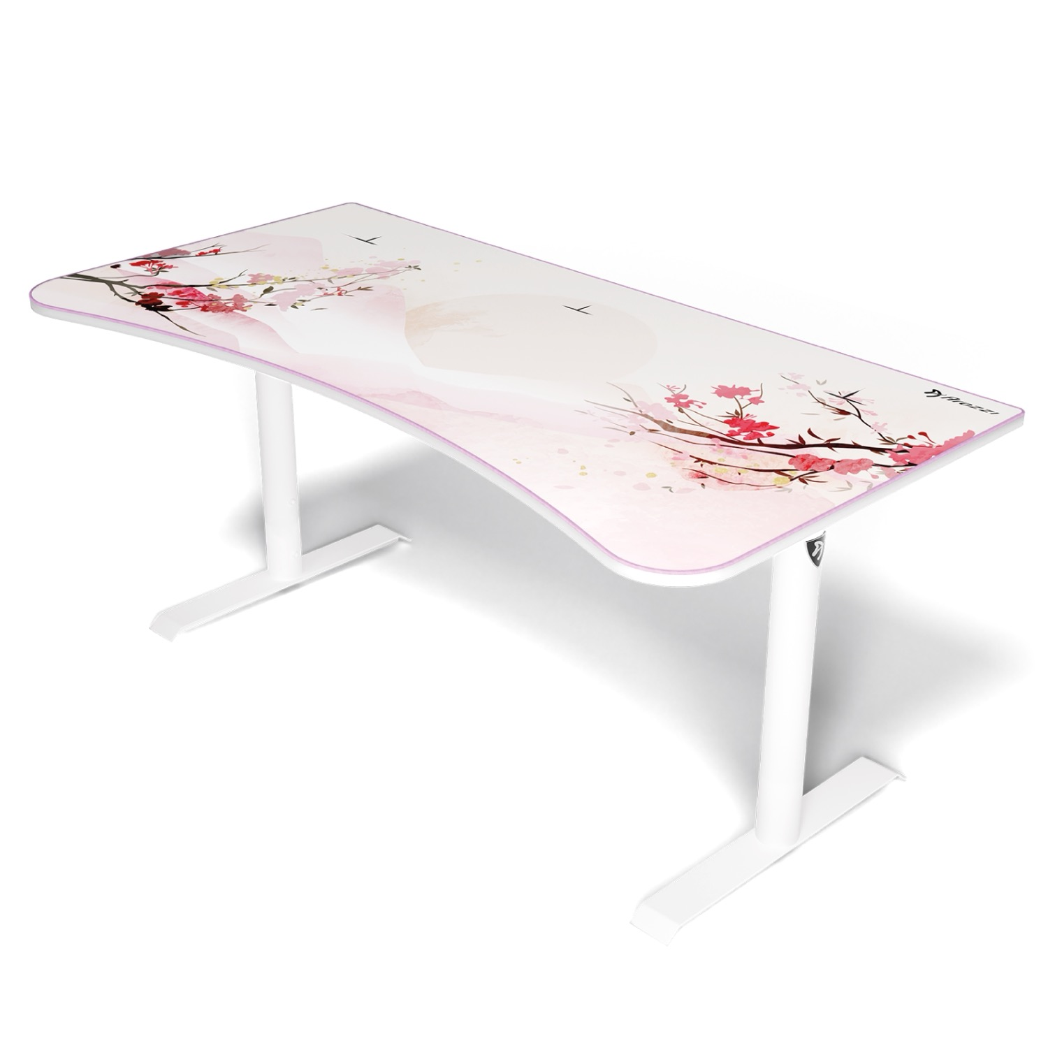 Una scrivania bianca con un disegno di fiori di ciliegio rosa sulla superficie, su gambe bianche.