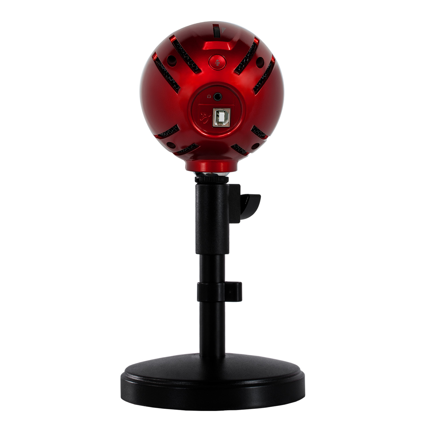 Rode microfoon op een zwarte standaard met ronde voet, met USB-poort.
