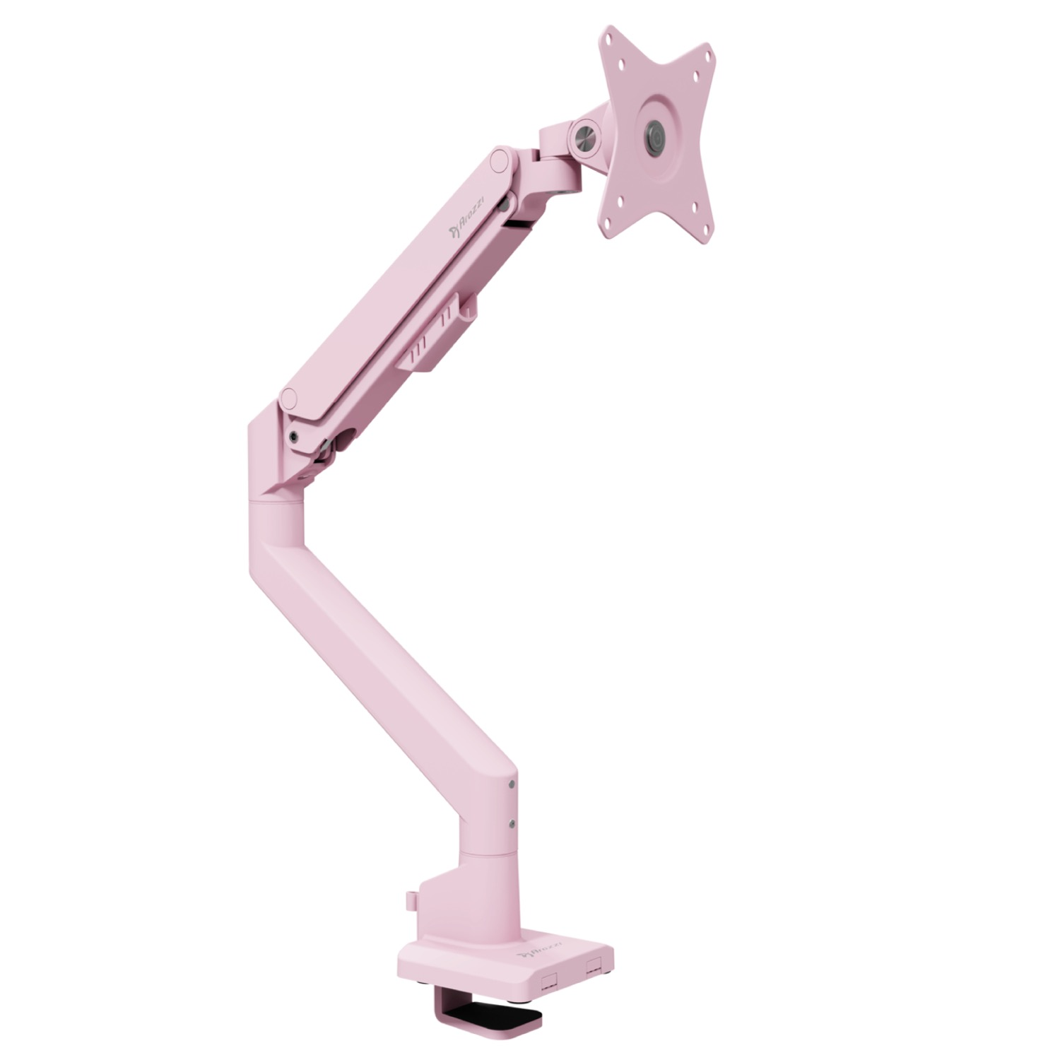 A pink monitor arm with clamp base and VESA mount, isolated on white.