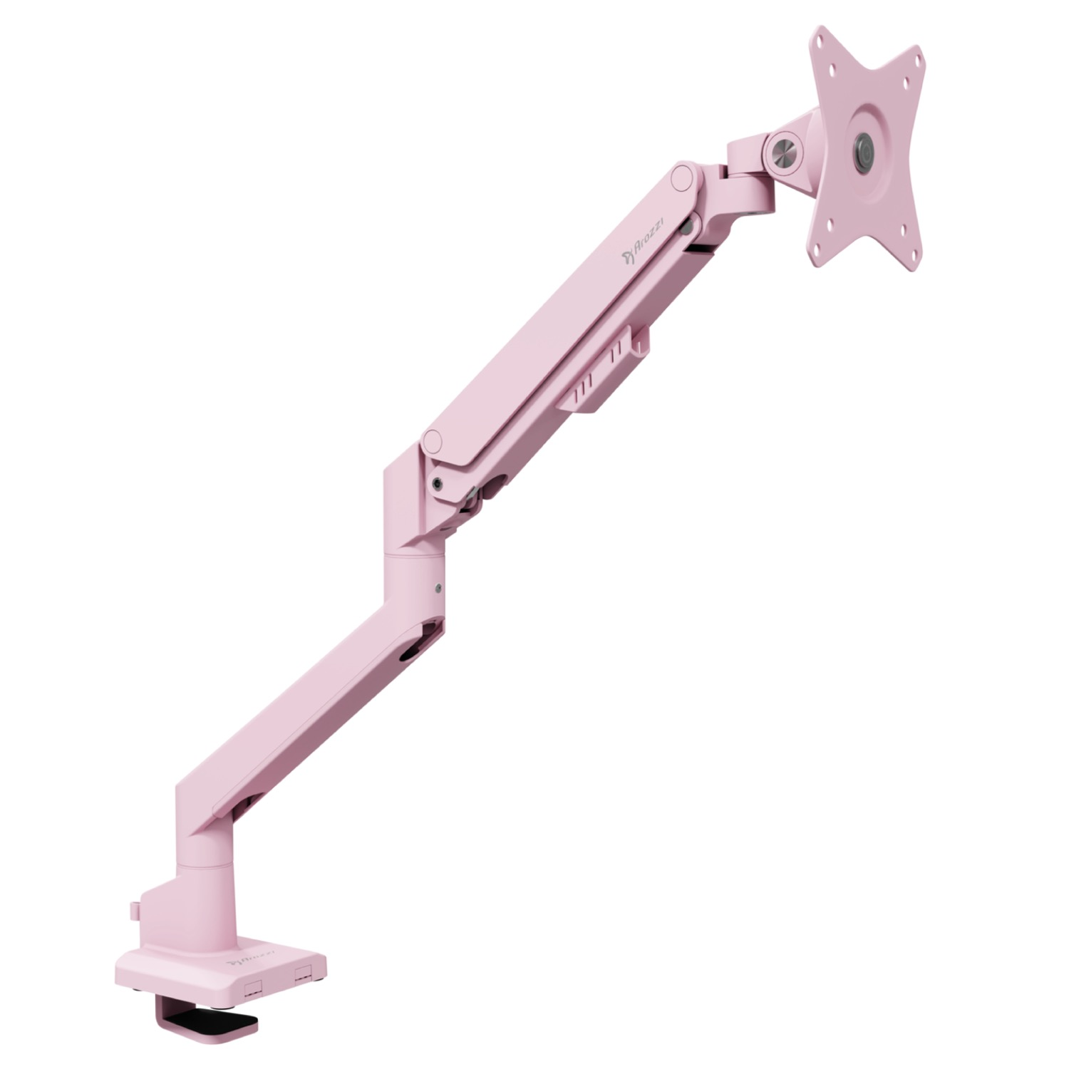 A pink monitor arm with a clamp base and VESA plate on a white background.