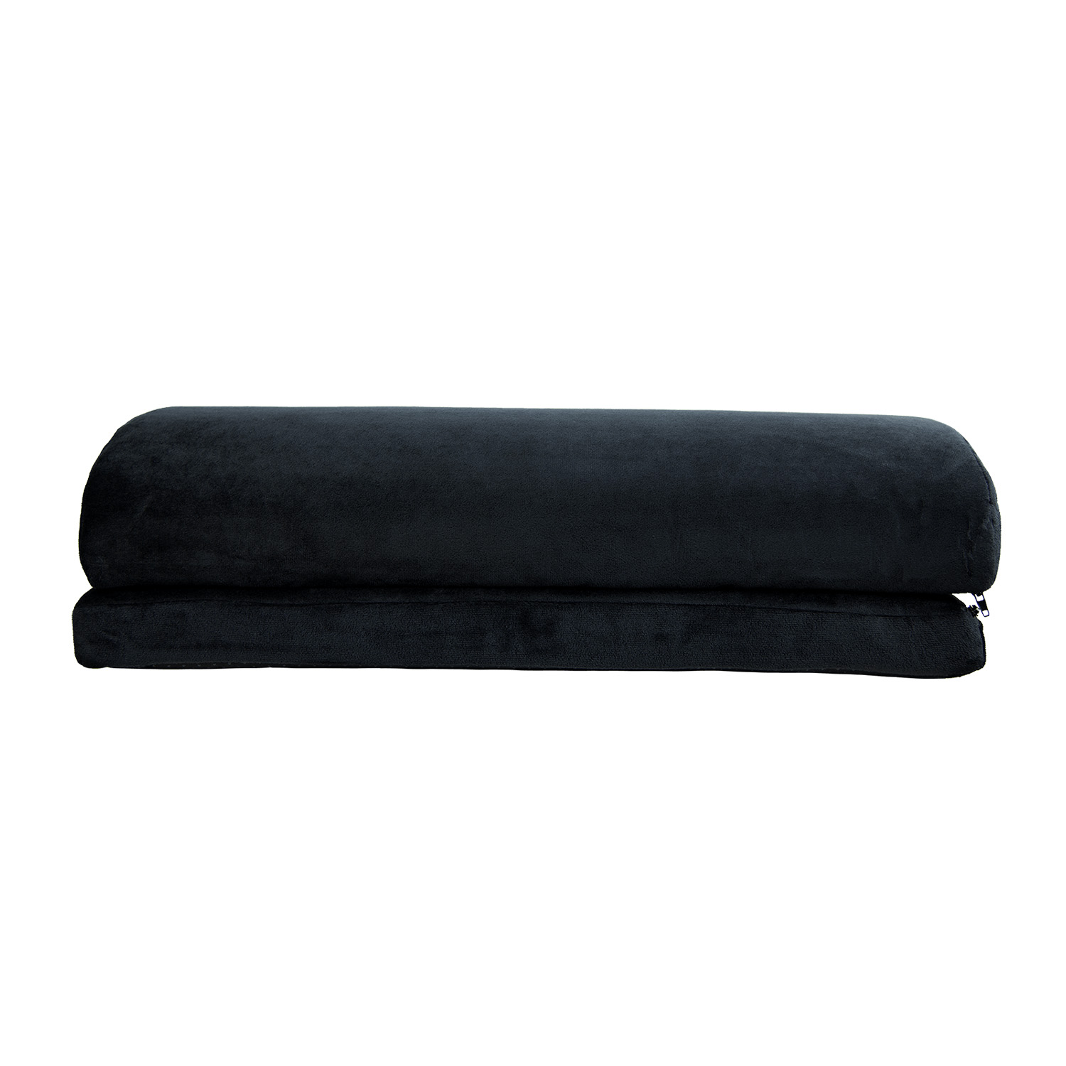 Un sedile futon nero e morbido è mostrato su sfondo bianco.