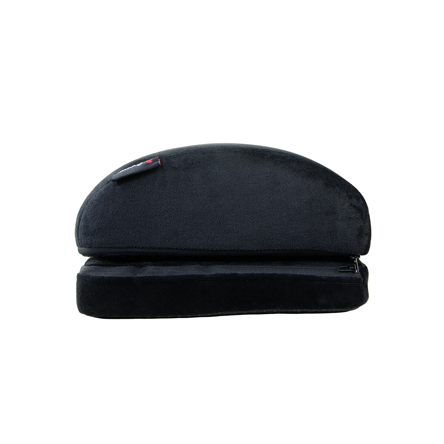 Cuscino poggiapiedi nero con cerniera, isolato su sfondo bianco.