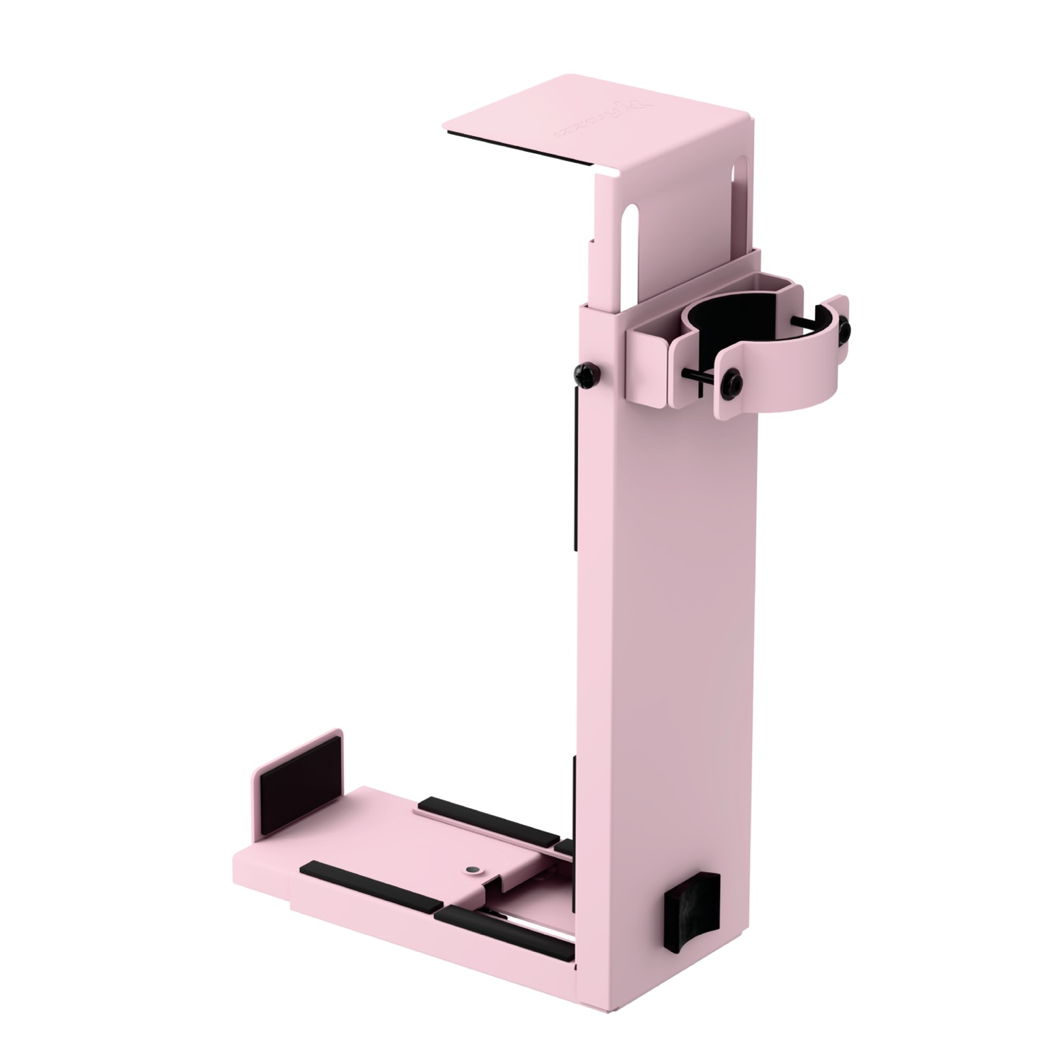 Een roze metalen standaard voor een computer met verstelbare houders.