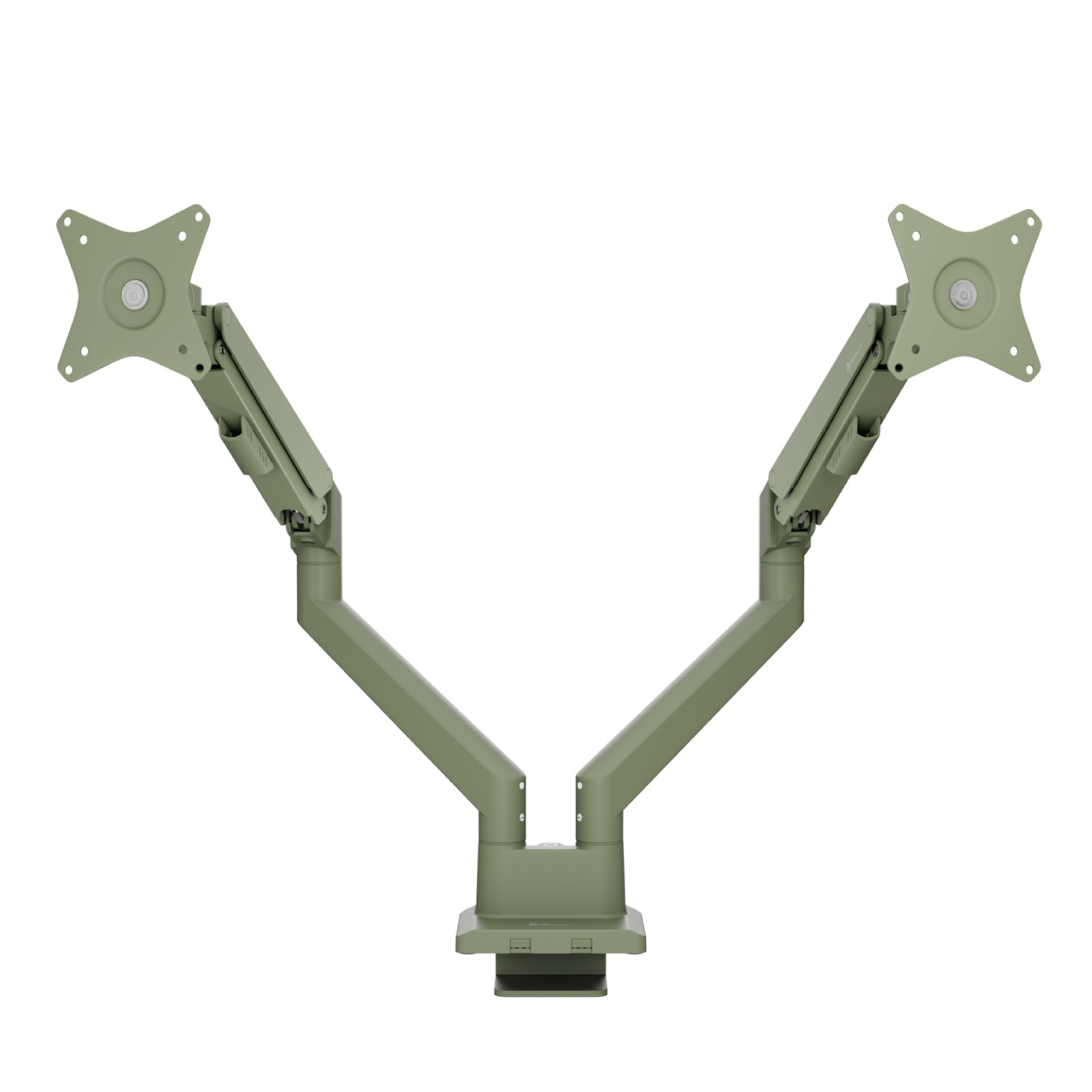 A dual monitor arm stand in olive green, with two adjustable arms extending upwards.