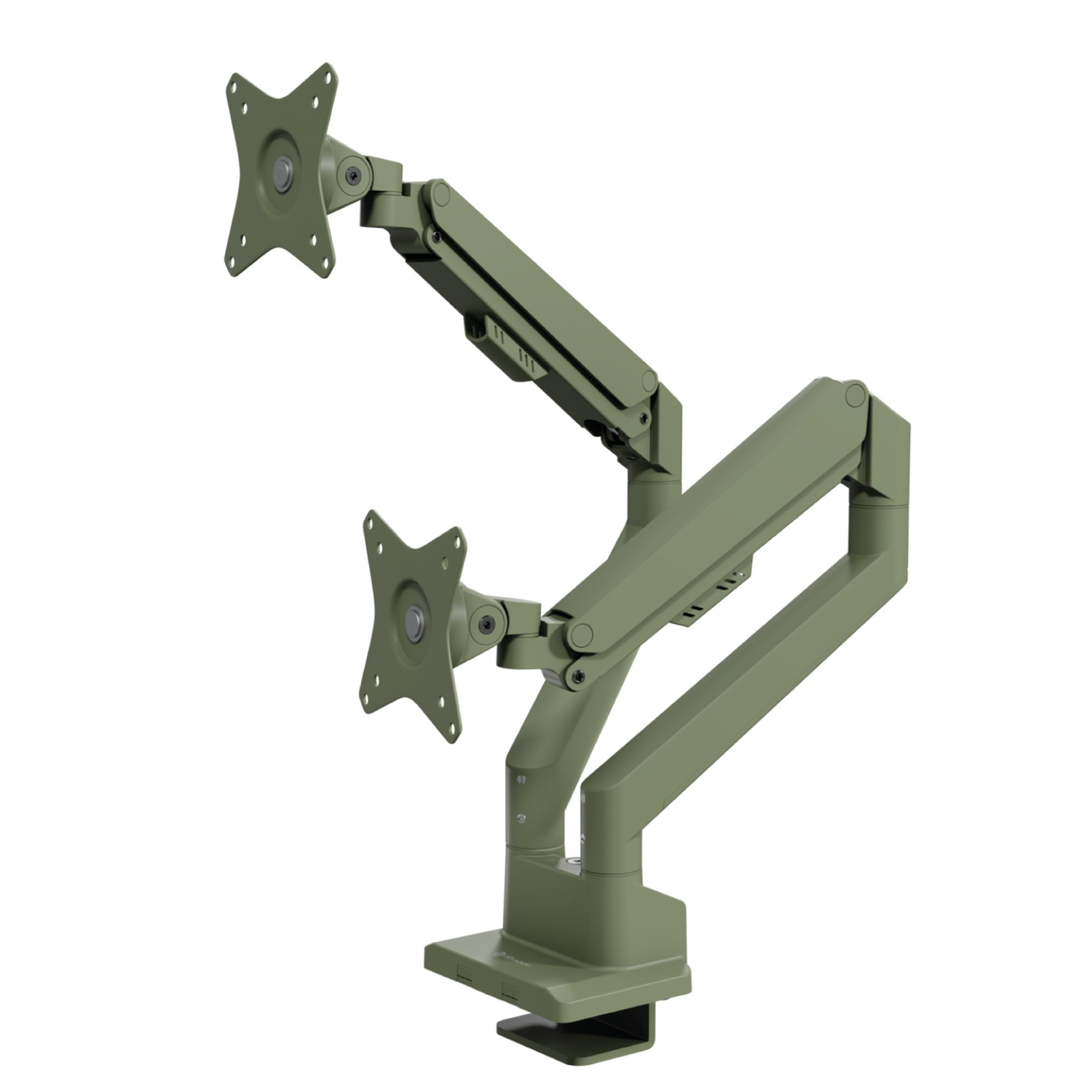 A green dual monitor arm with two VESA mounts, displayed on a white background.