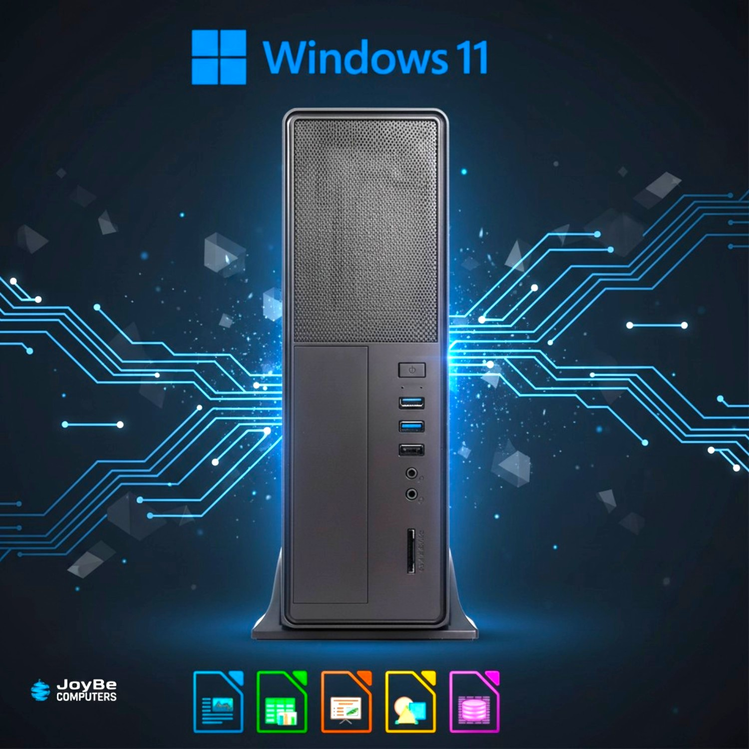 Una torre PC nera si erge davanti a un circuito stampato blu con il logo Windows 11.