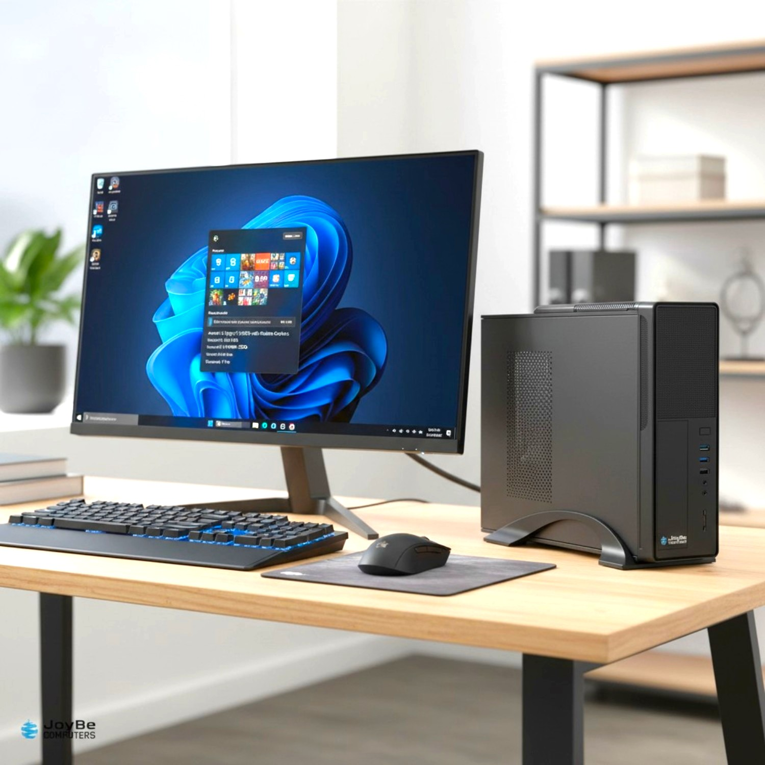 Un PC nero con monitor, tastiera e mouse su una scrivania di legno.