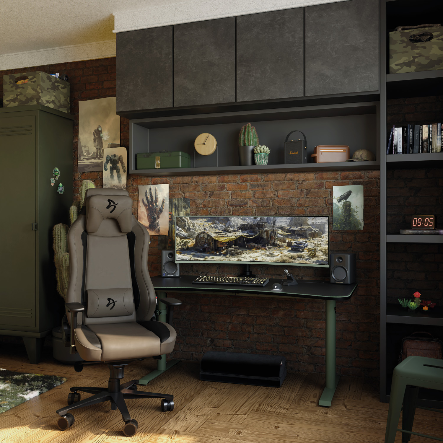 Ein Gaming-Zimmer mit Stuhl, Schreibtisch, PC und Dekorationen.