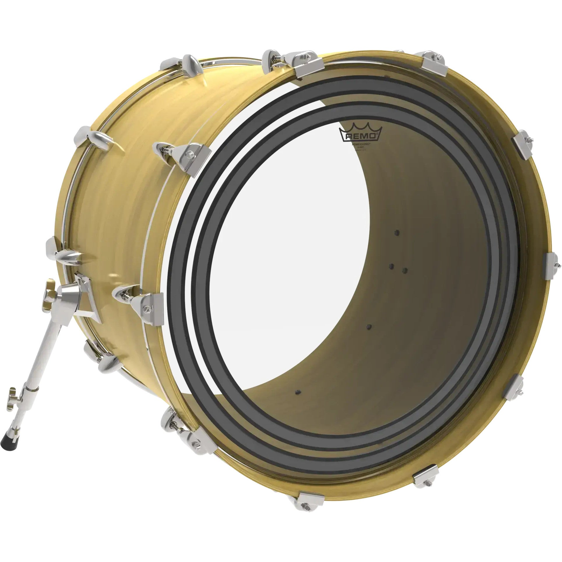 Een gouden bassdrum op een statief, met zilveren spanringen en Remo vel.