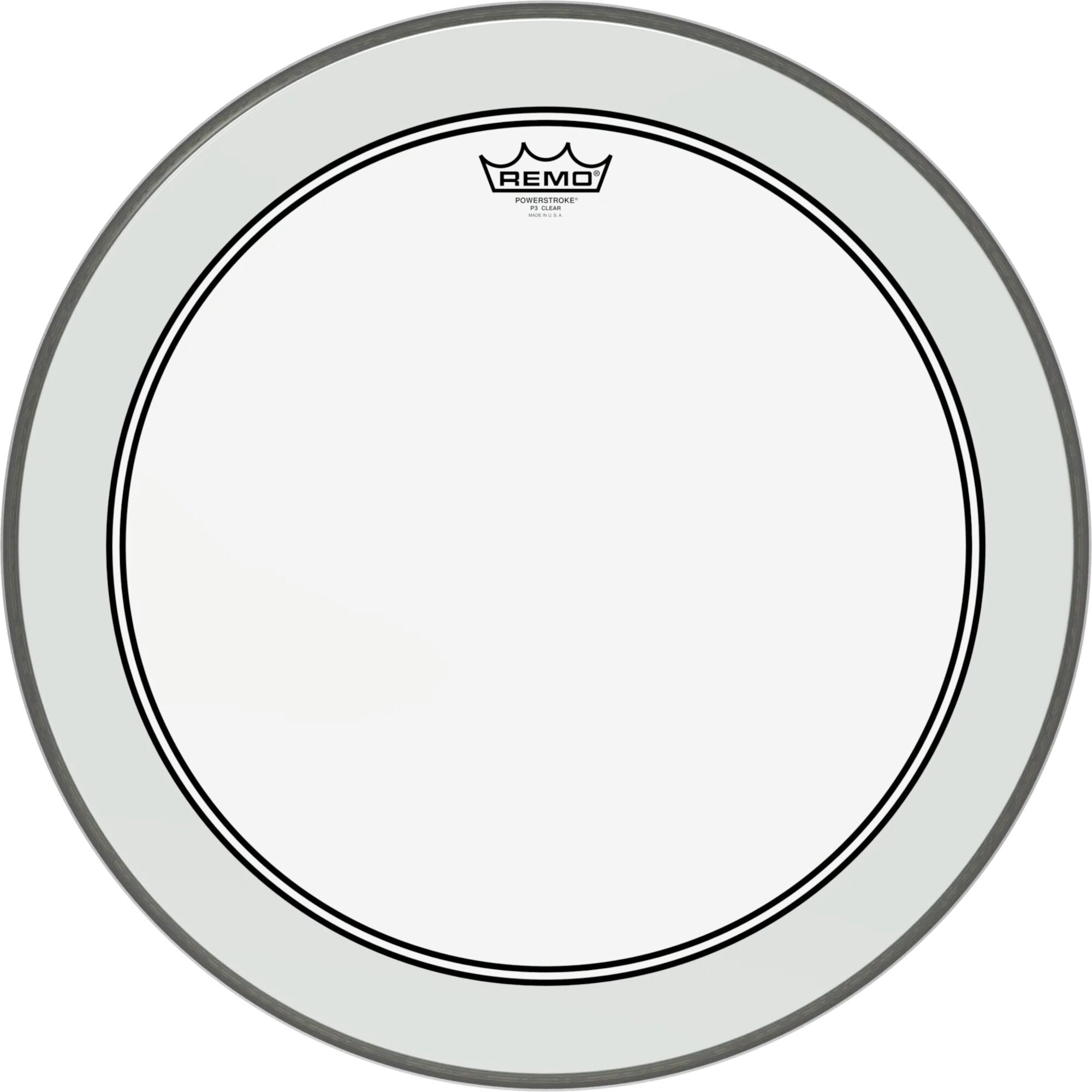 Een witte drumvel met zwarte ringen en een Remo-logo.