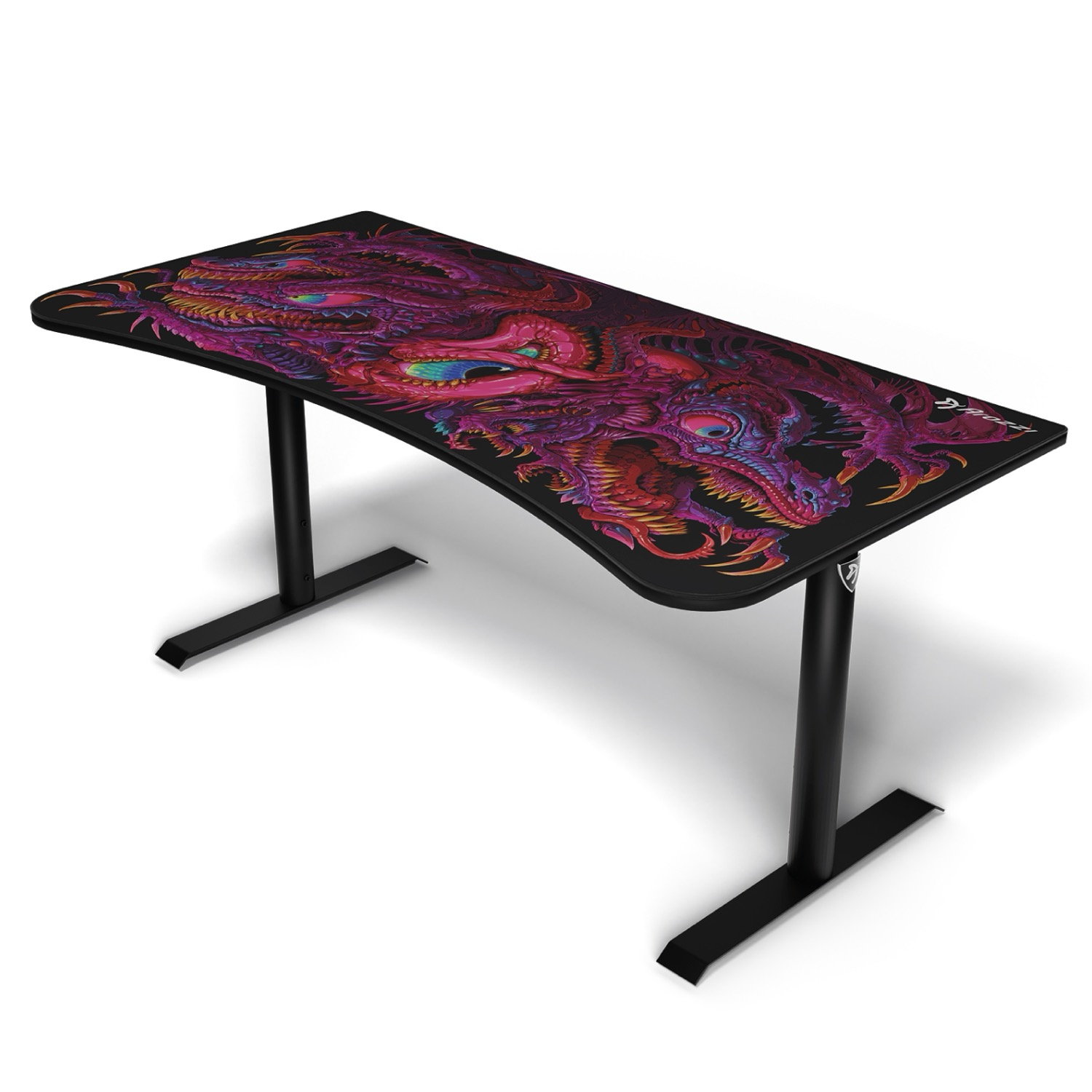 Een zwart bureau met een rood en paars drakenontwerp op het oppervlak.