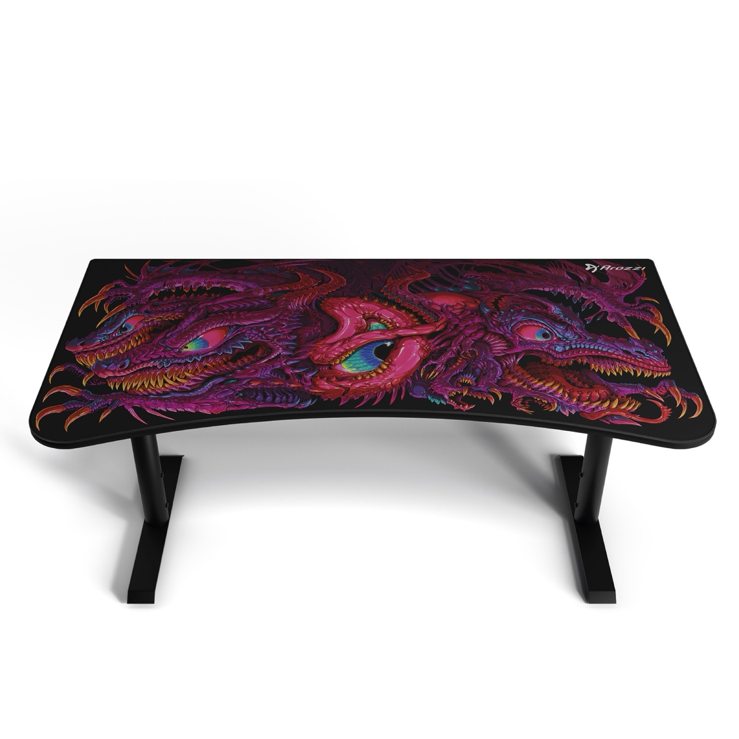 Zwart gamingbureau met kleurrijke draakafbeelding. Modern design.