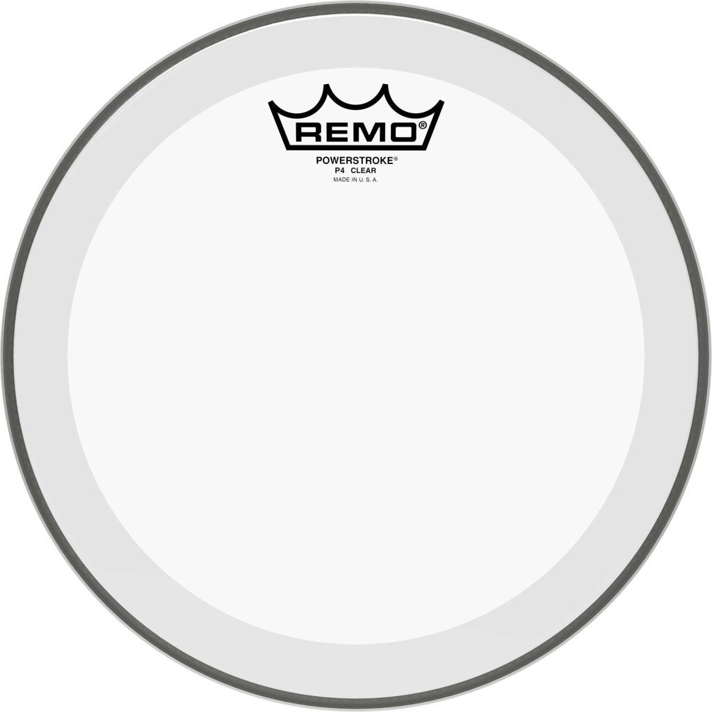 Een transparante drumvel met het Remo-logo en modelnaam in het midden.