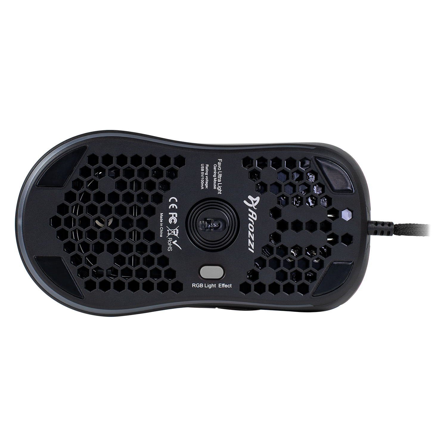 Black honeycomb gaming mouse with RGB light effect. Arozzi logo visible.