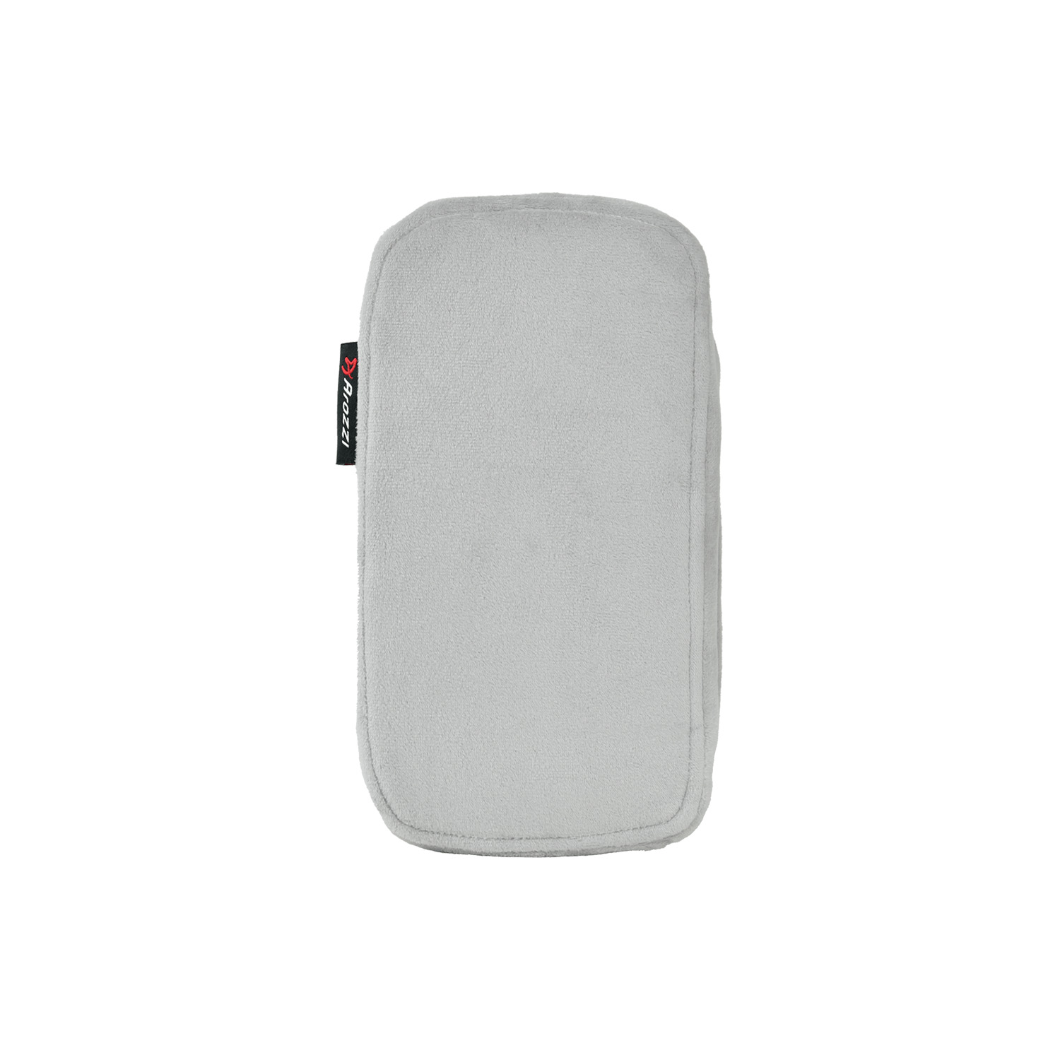 Grijs kussen met rood logo op witte achtergrond.