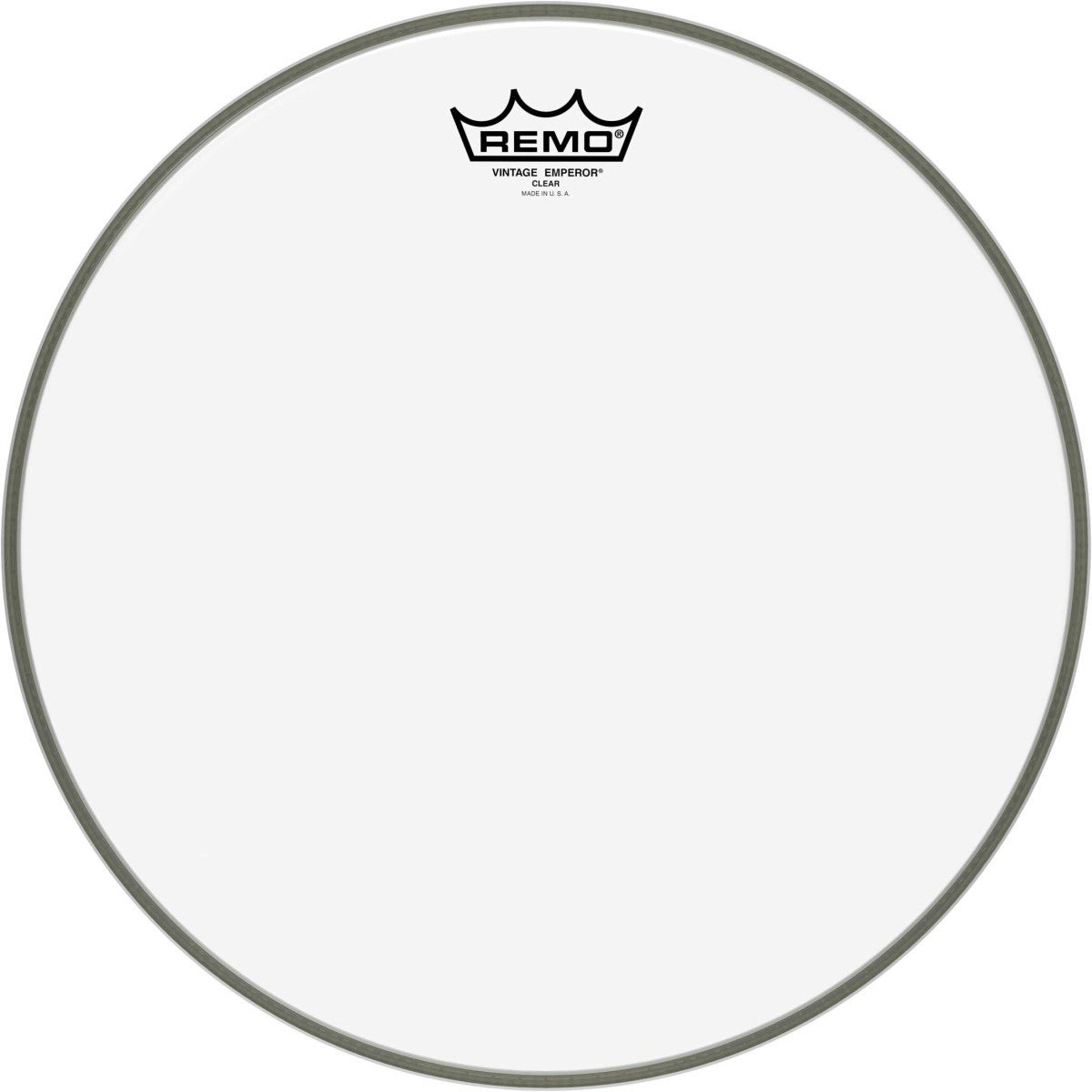 Gri kenarlı ve logolu şeffaf Remo Vintage Emperor davul derisi.