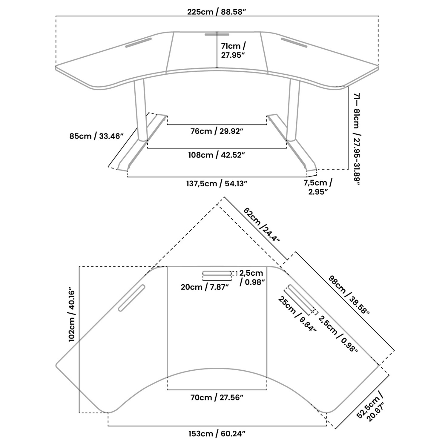 Disegno tecnico di una scrivania con dimensioni in cm e pollici.